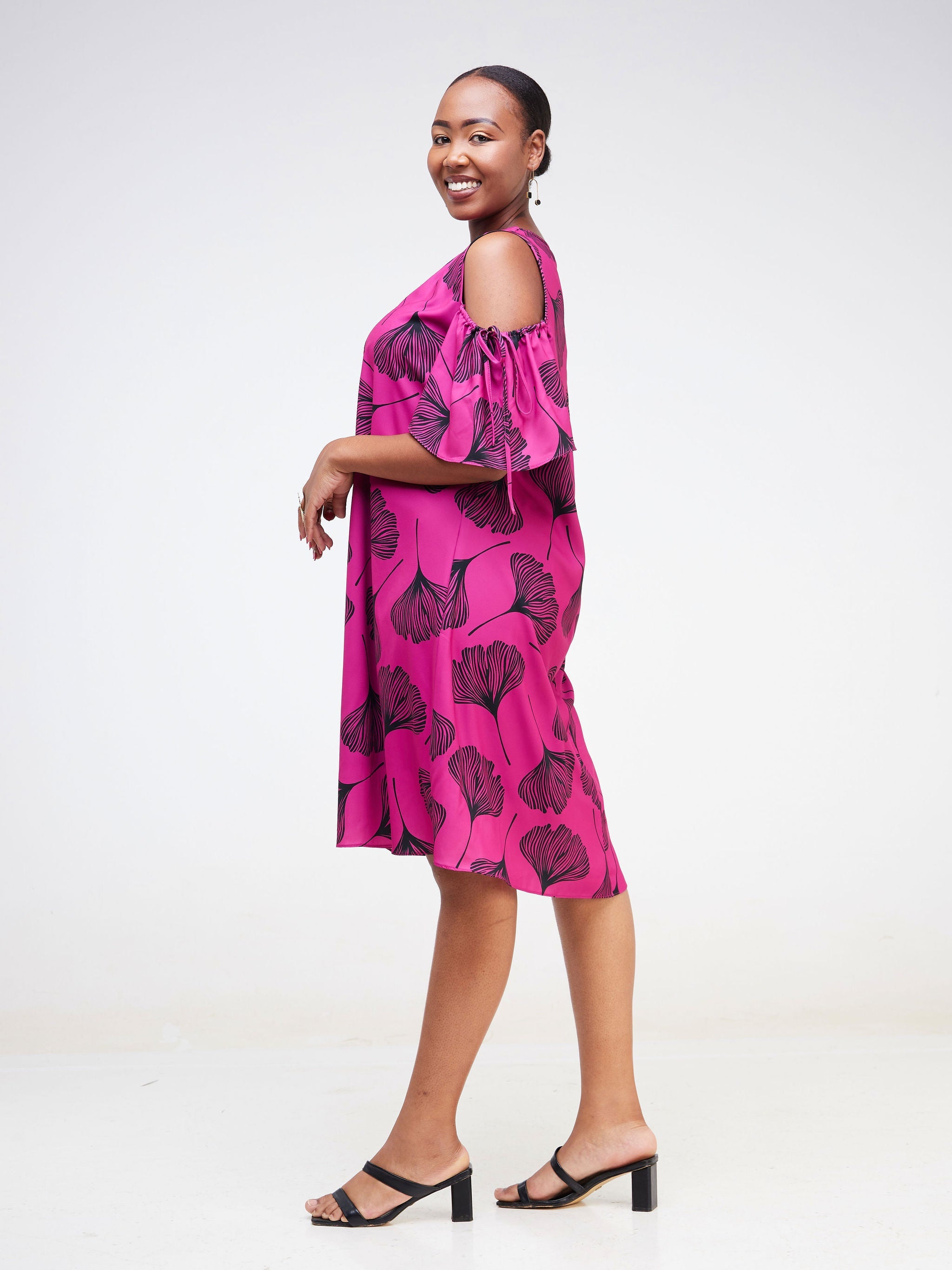 Vivo Dali Cold Shoulder Tie Knee Length Tent Dress - Pink / Black Leaf Print