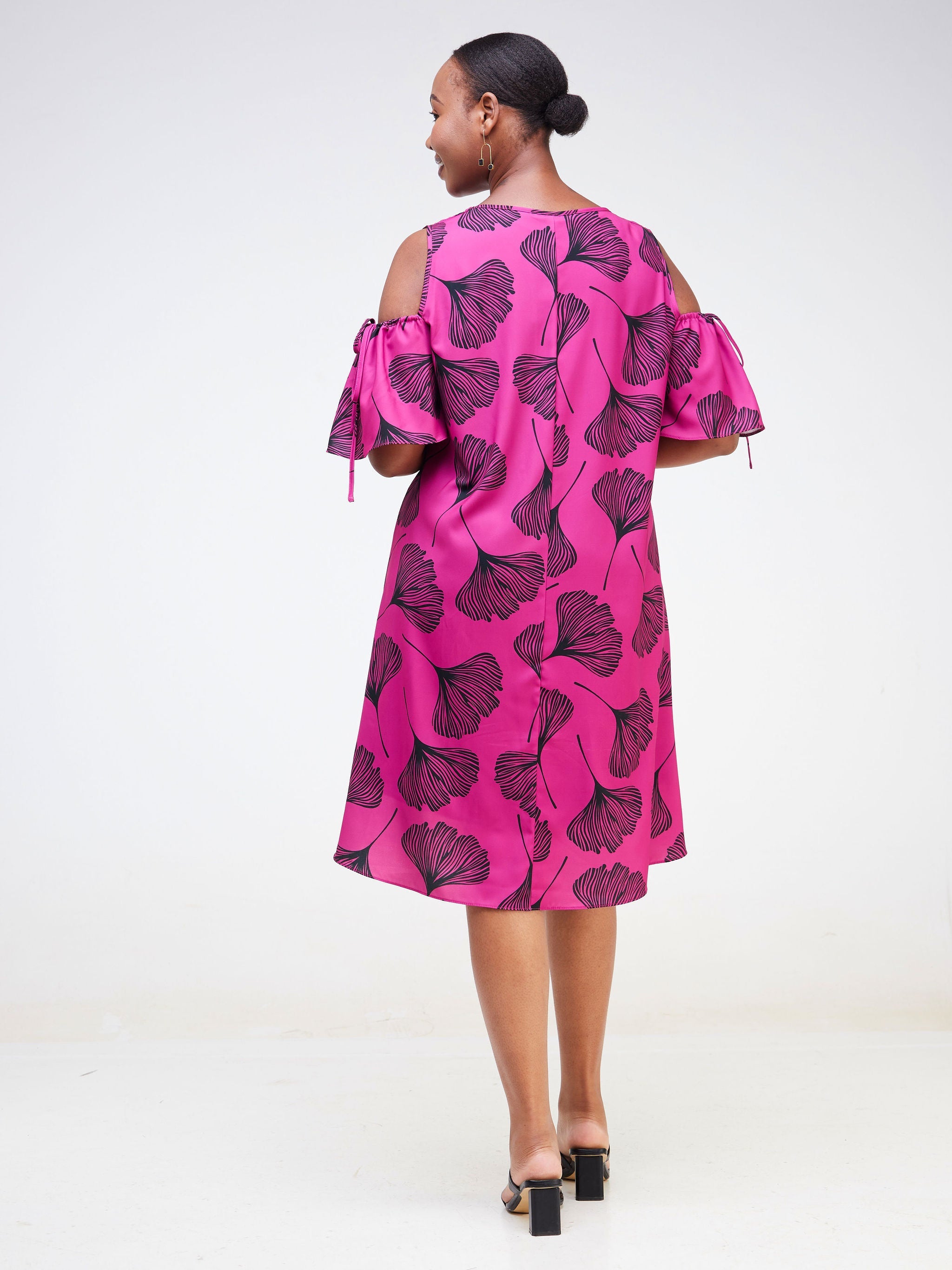 Vivo Dali Cold Shoulder Tie Knee Length Tent Dress - Pink / Black Leaf Print