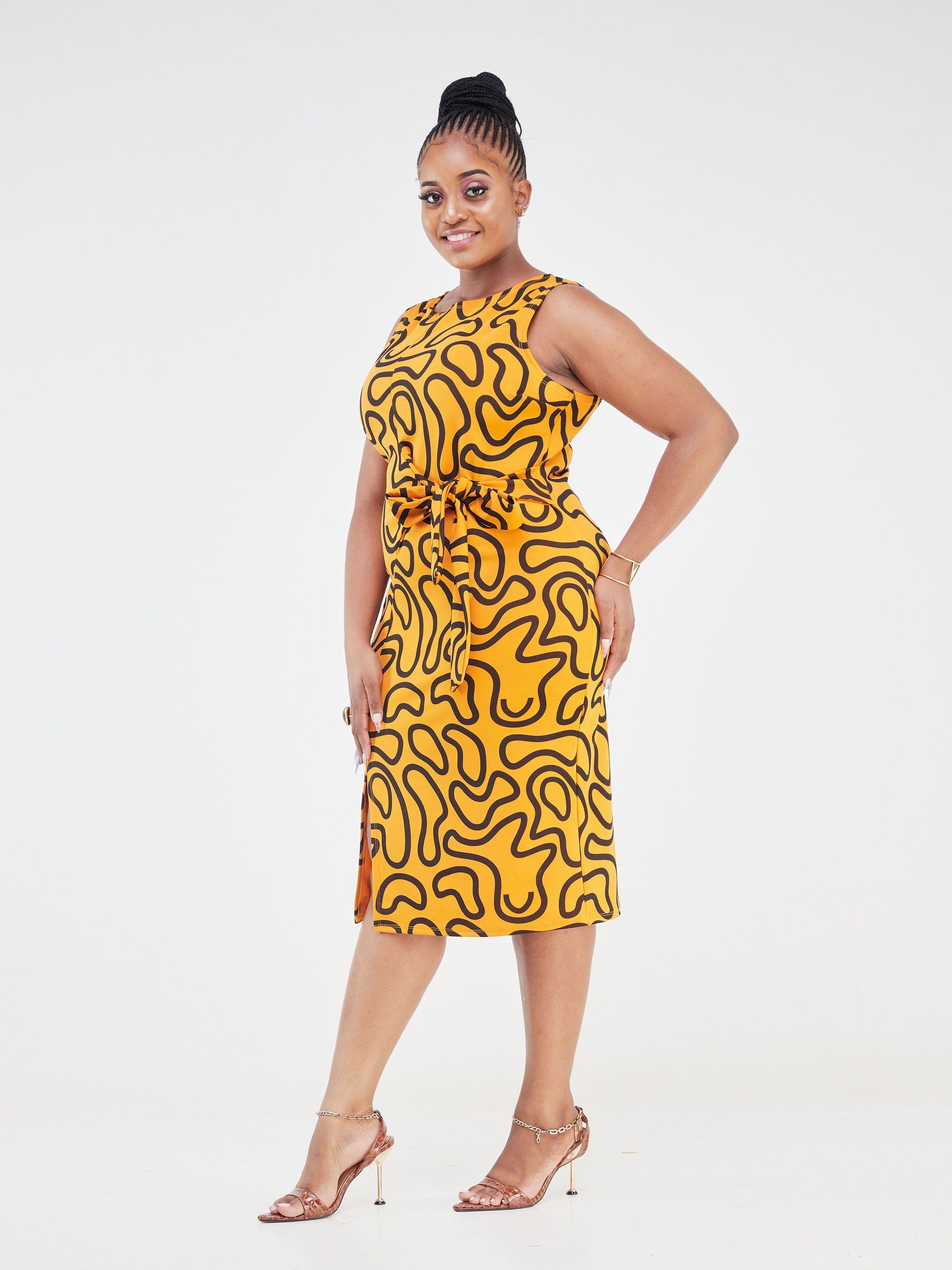 Vivo Imara Sleeveless Front Tie Dress - Mustard / Black Spiral Abstract Print