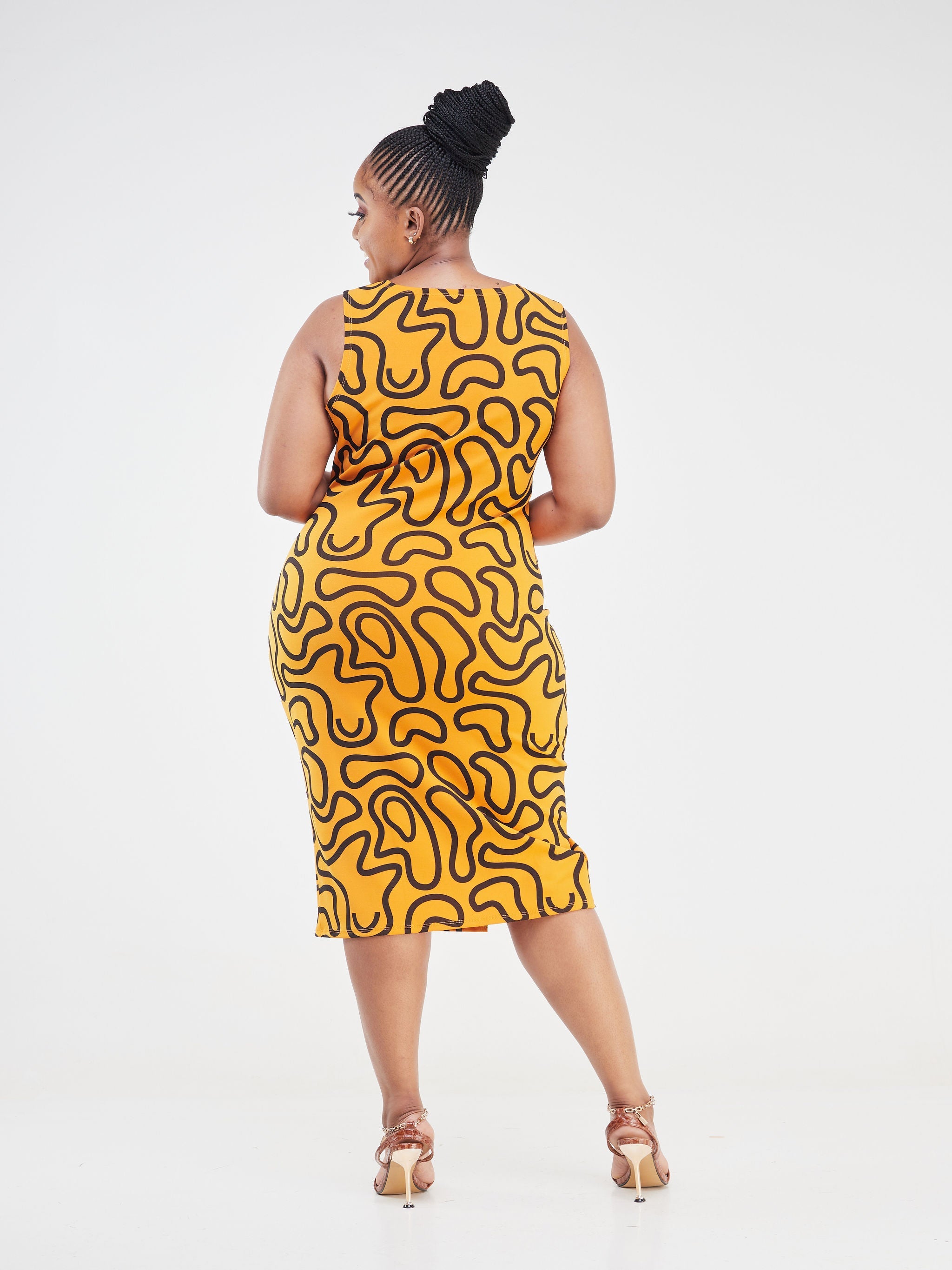 Vivo Imara Sleeveless Front Tie Dress - Mustard / Black Spiral Abstract Print