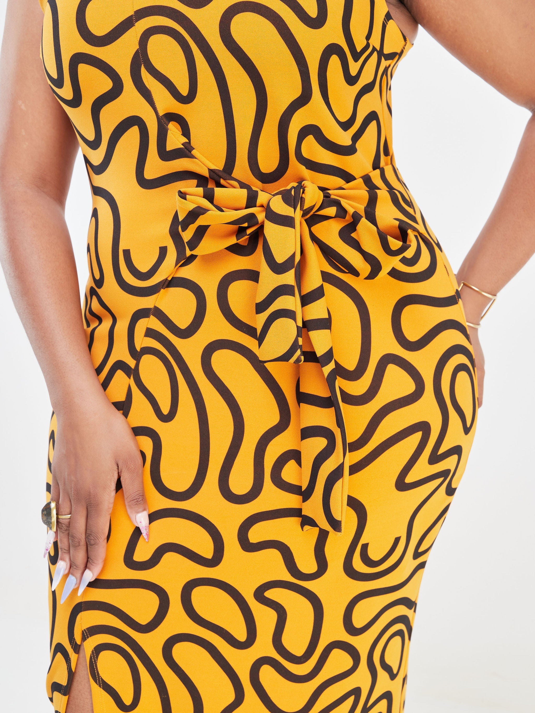 Vivo Imara Sleeveless Front Tie Dress - Mustard / Black Spiral Abstract Print