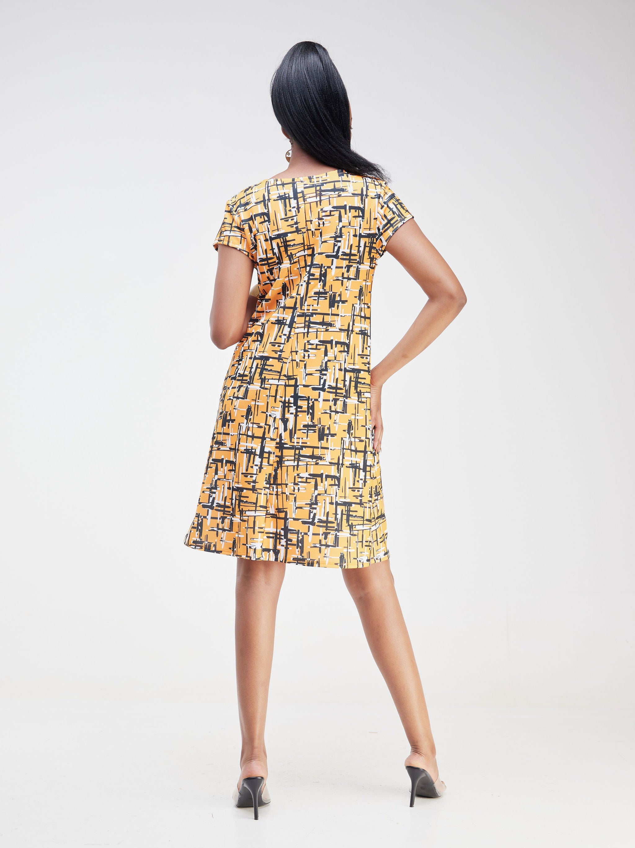 Vivo Imara Cap Sleeve A-Line Dress- Mustard / Black Abstract Print