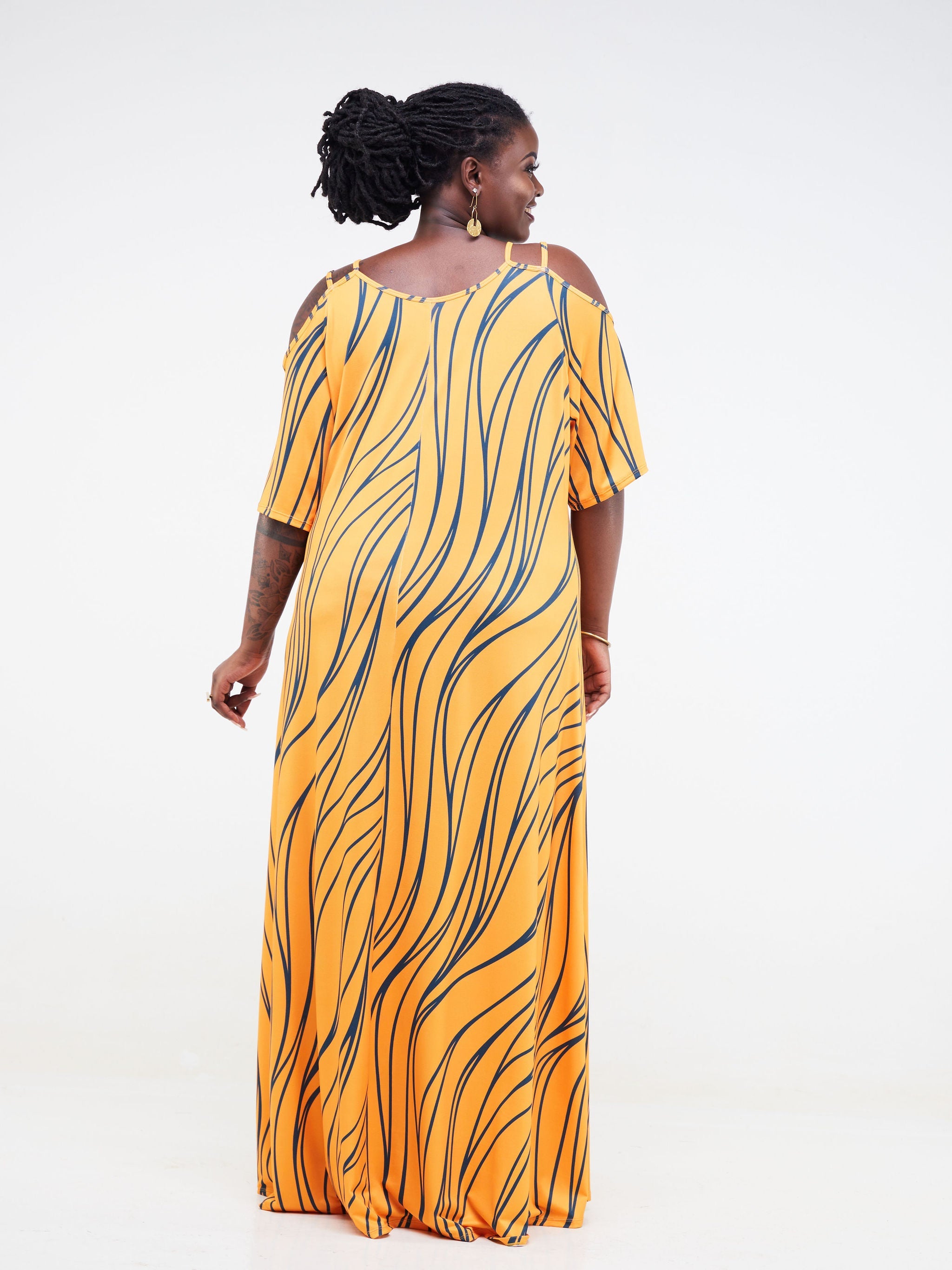 Vivo Lumi Strappy Cold Shoulder Maxi Dress - Mustard / Teal Wavy Abstract Print