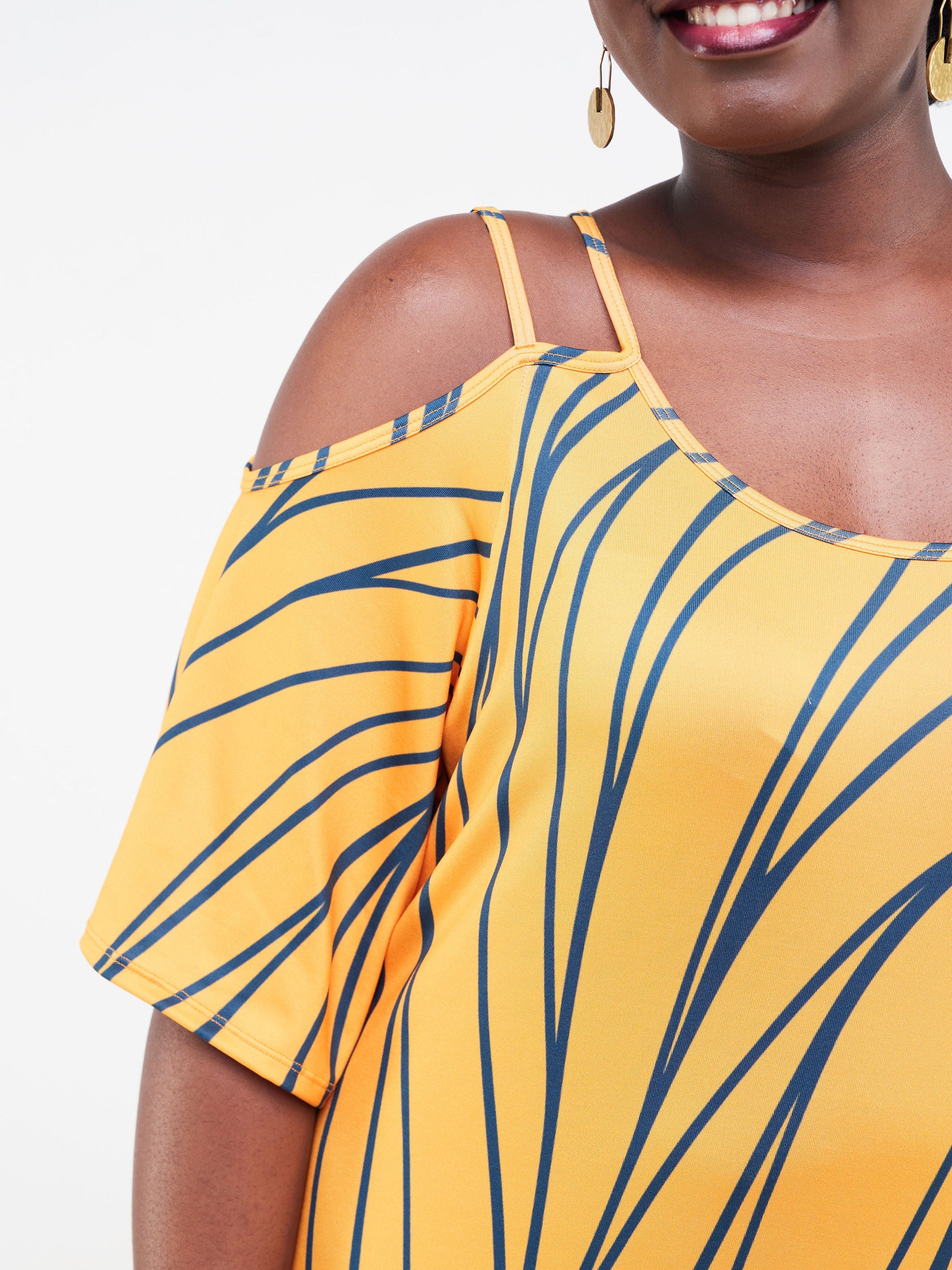 Vivo Lumi Strappy Cold Shoulder Maxi Dress - Mustard / Teal Wavy Abstract Print