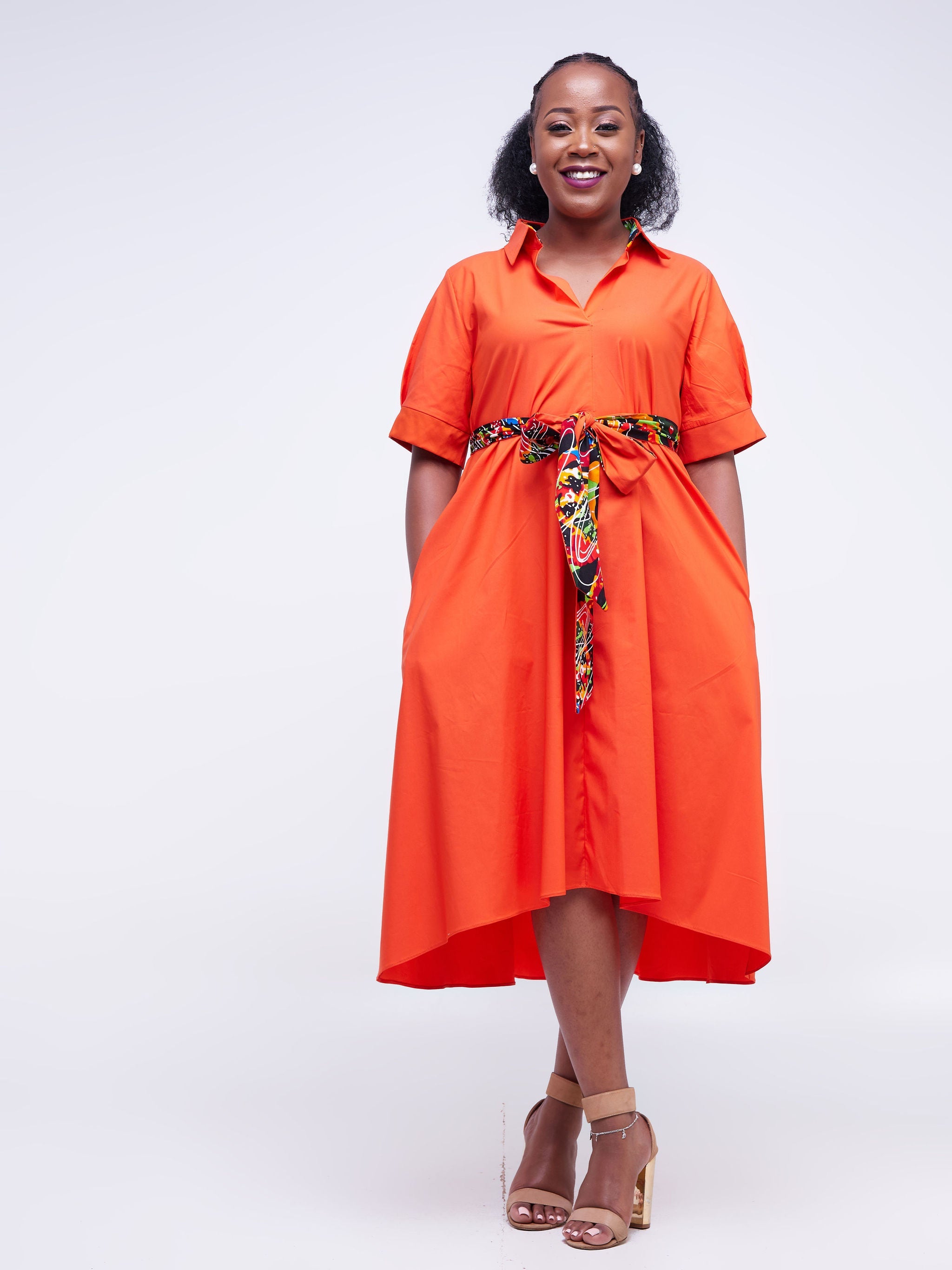 Safari Huru Short Sleeved Midi A-Line Dress - Orange