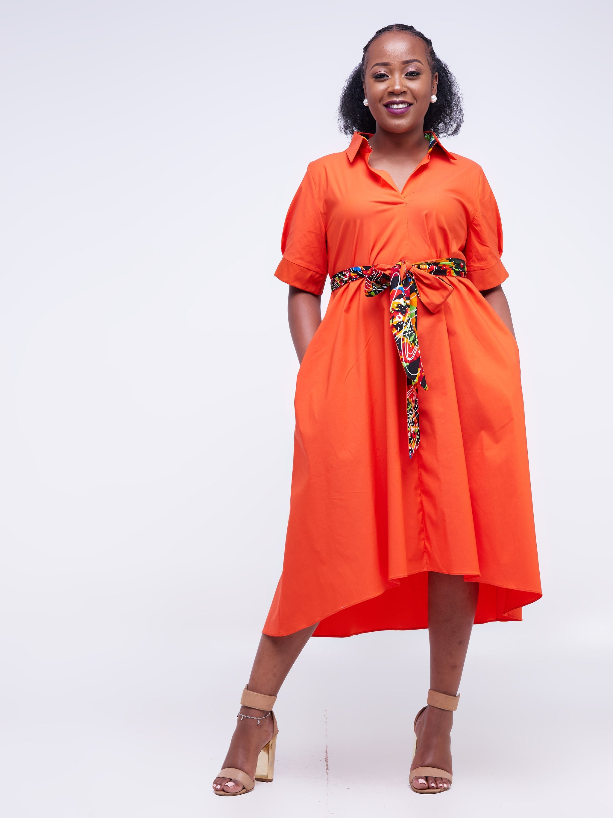 Safari Huru Short Sleeved Midi A-Line Dress - Orange