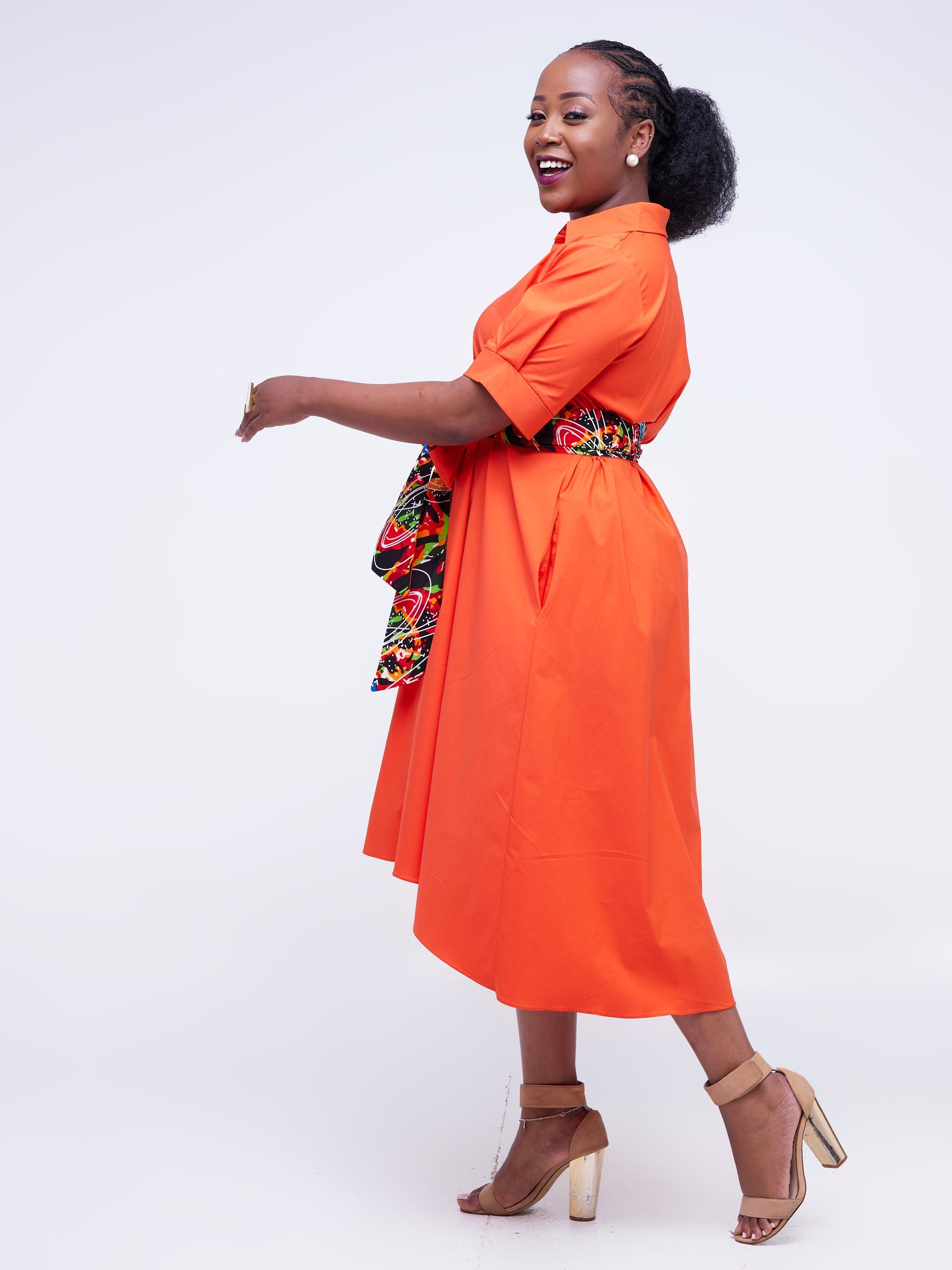 Safari Huru Short Sleeved Midi A-Line Dress - Orange