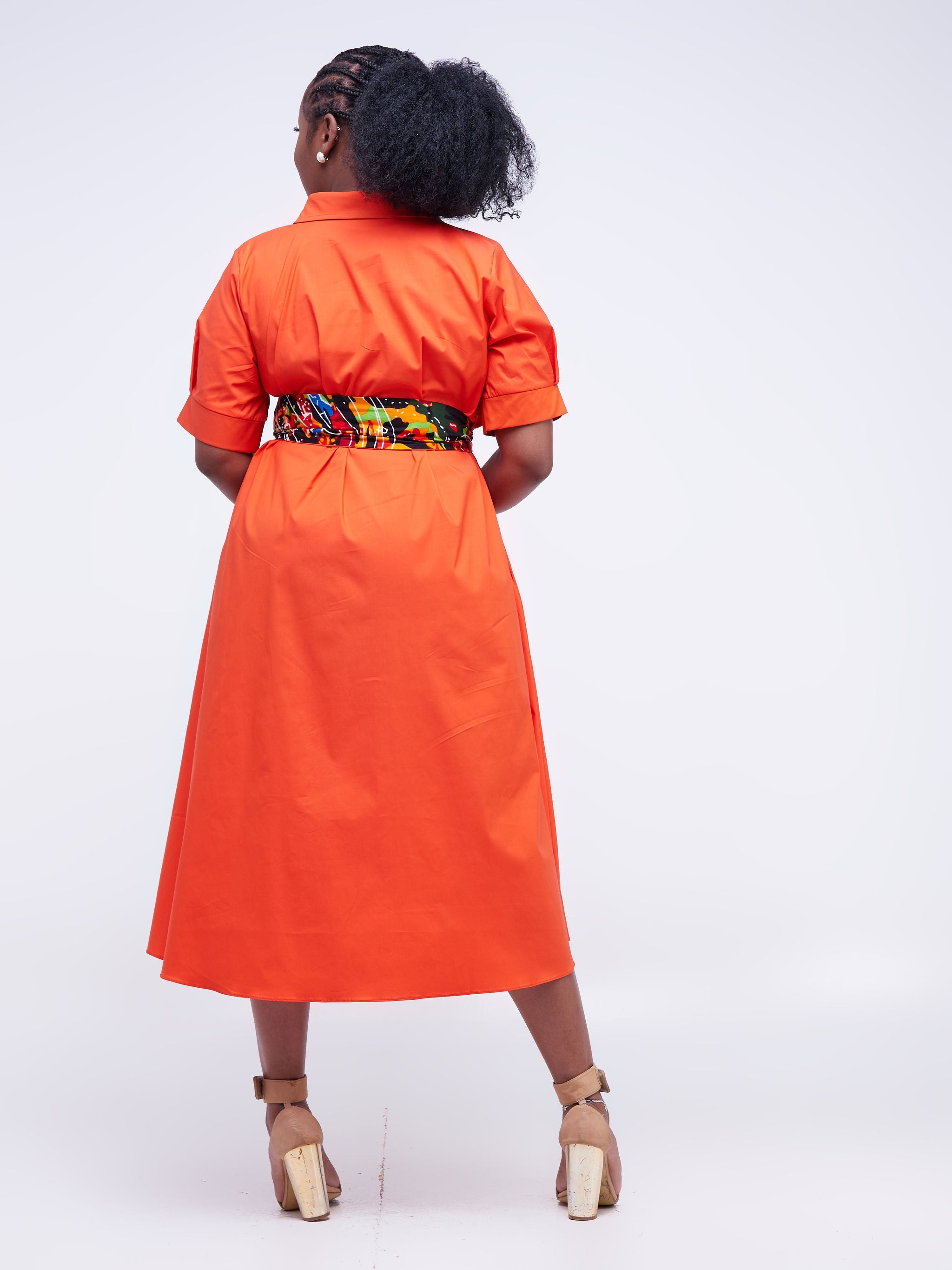 Safari Huru Short Sleeved Midi A-Line Dress - Orange