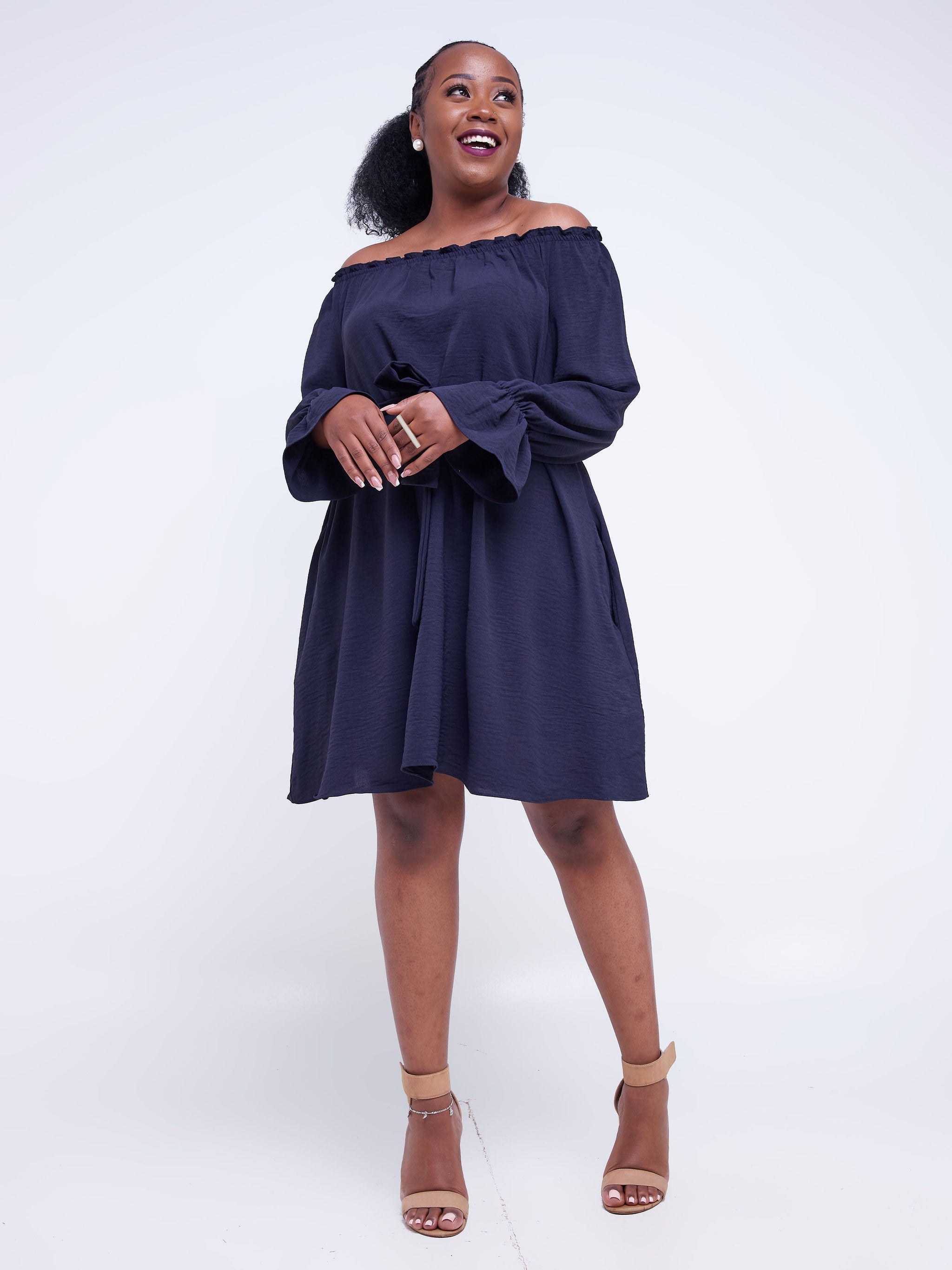 Vivo Jema Off Shoulder Tent Knee Length Dress - Navy Blue