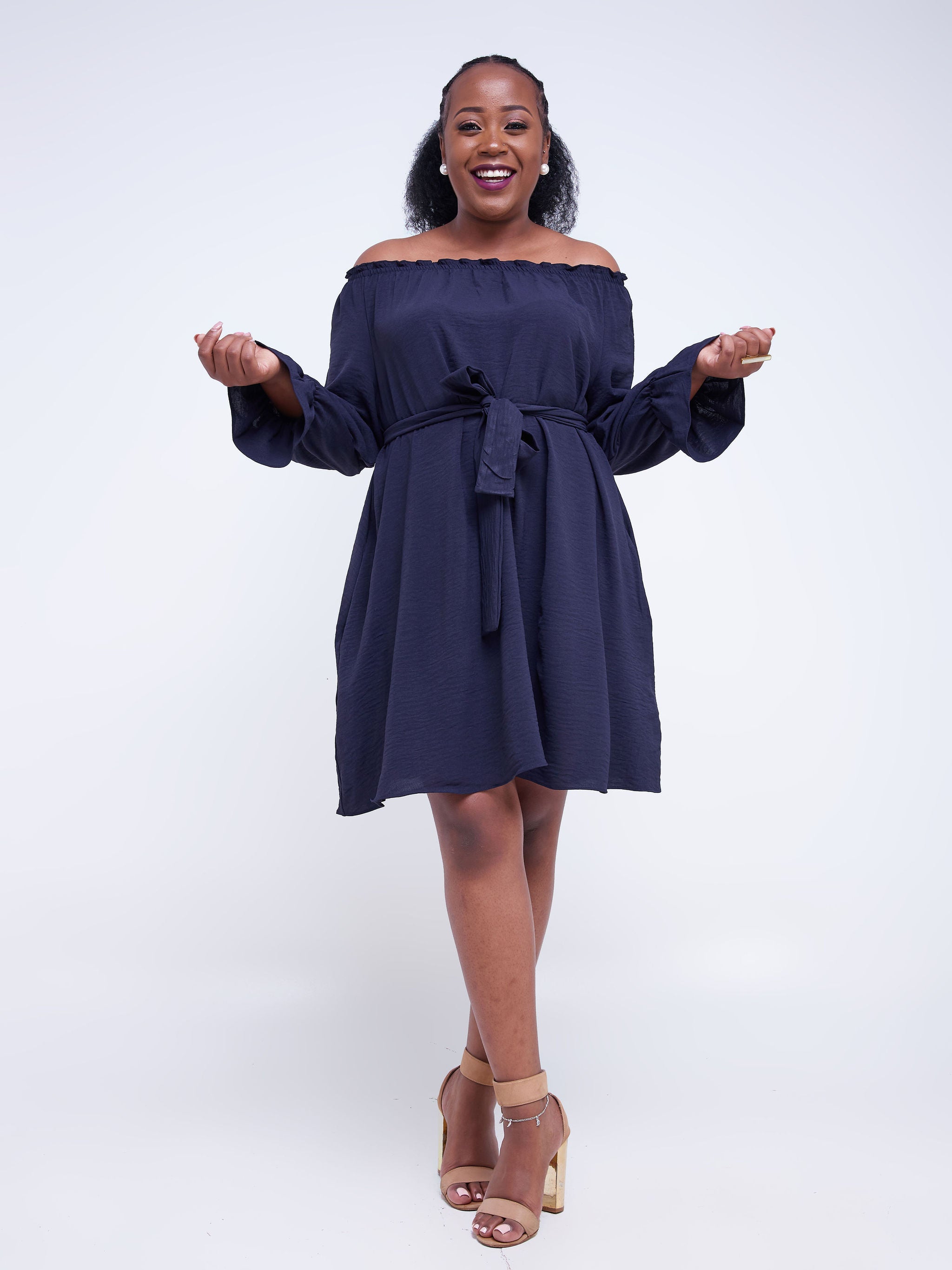 Vivo Jema Off Shoulder Tent Knee Length Dress - Navy Blue