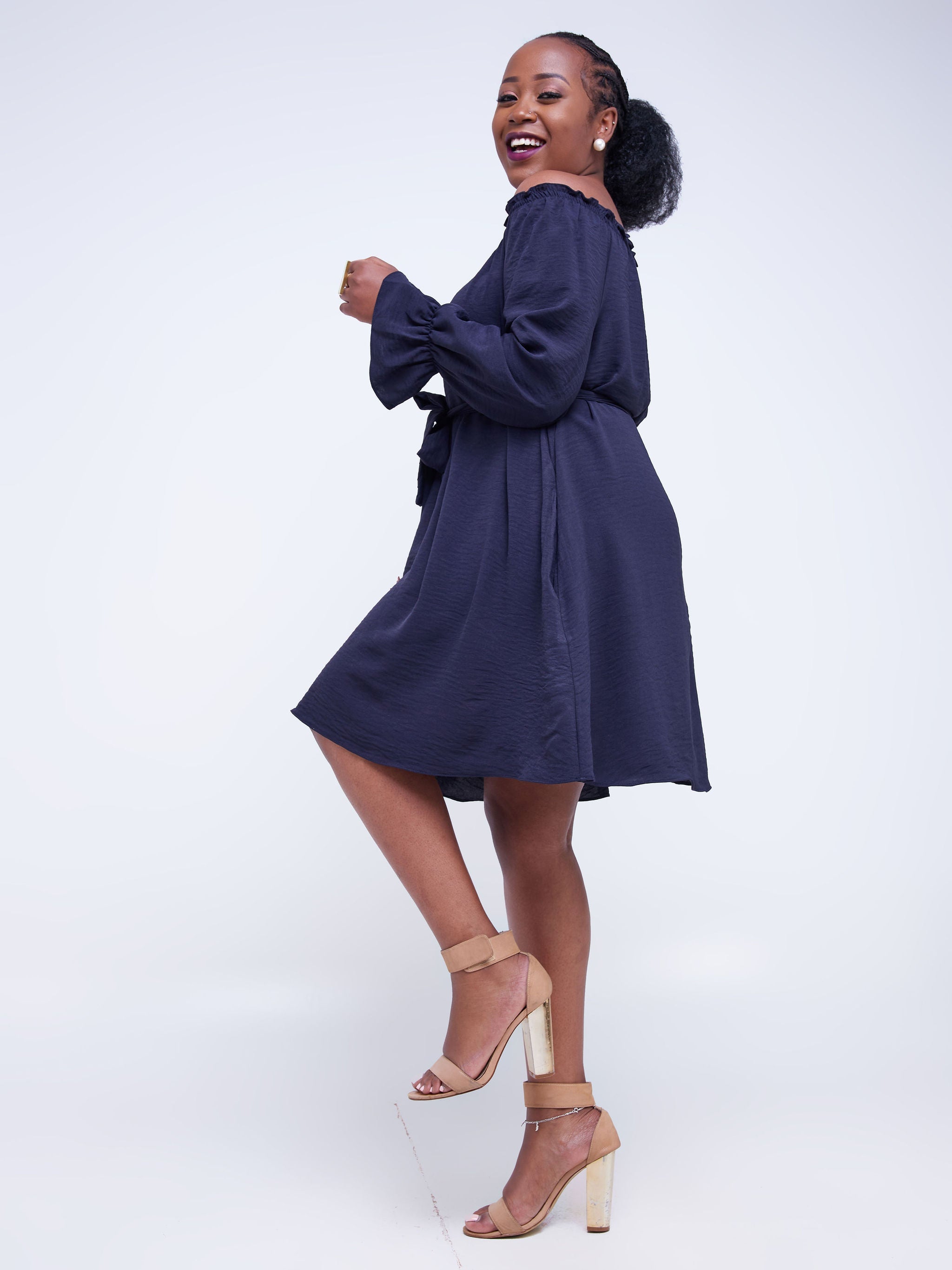 Vivo Jema Off Shoulder Tent Knee Length Dress - Navy Blue