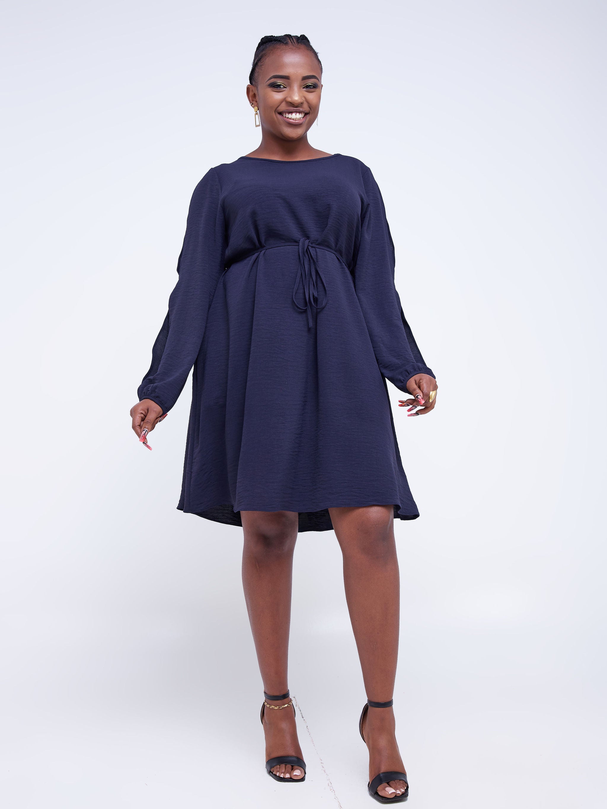 Vivo Tunu Long Slit Sleeve Knee Length Shift Dress - Navy Blue