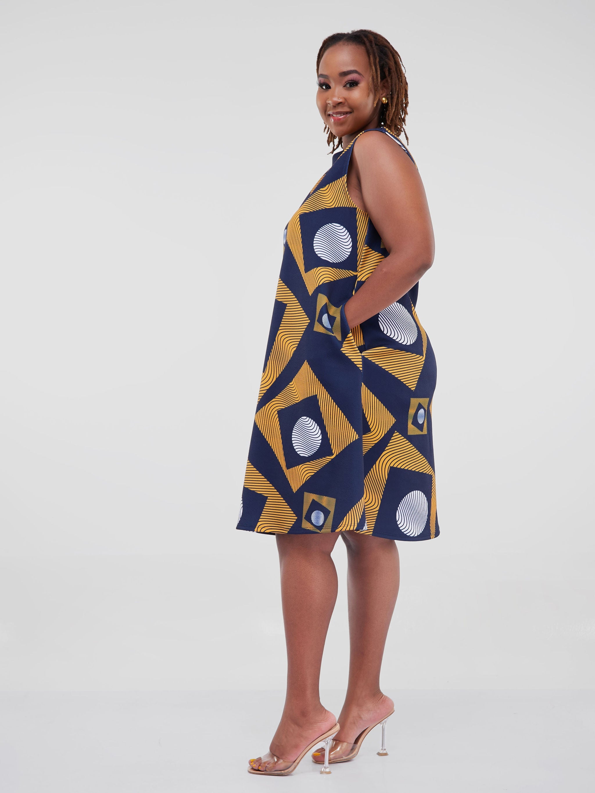 Vivo Hema Sleeveless Knee Length Dress - Navy Blue / Mustard Print