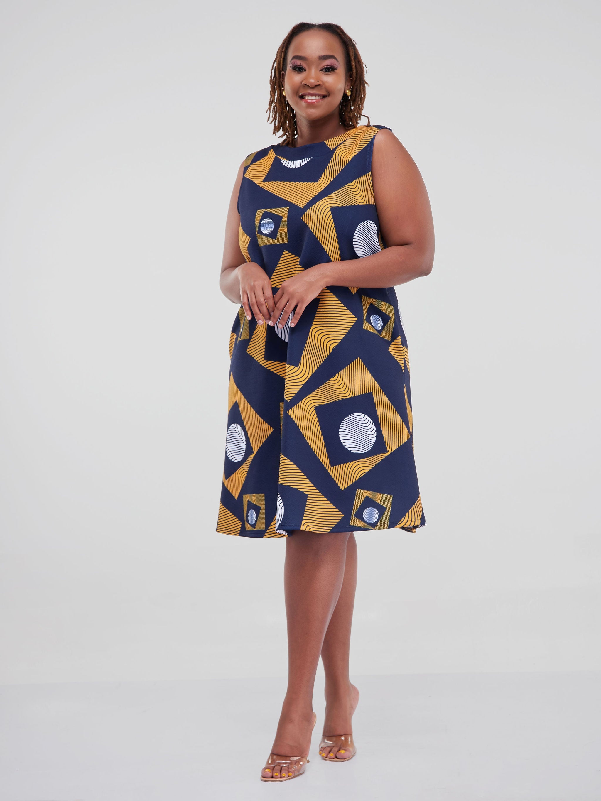 Vivo Hema Sleeveless Knee Length Dress - Navy Blue / Mustard Print