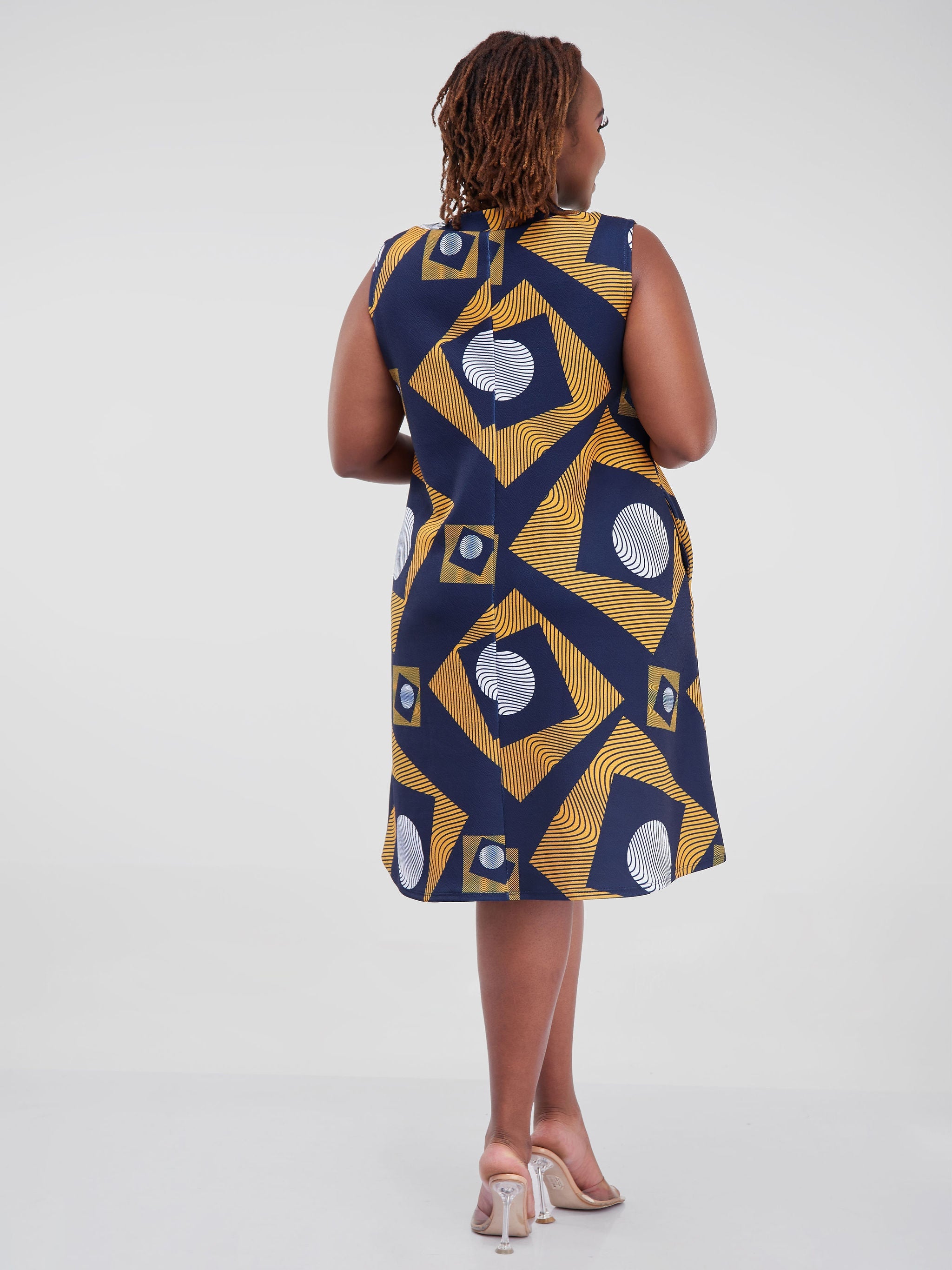 Vivo Hema Sleeveless Knee Length Dress - Navy Blue / Mustard Print