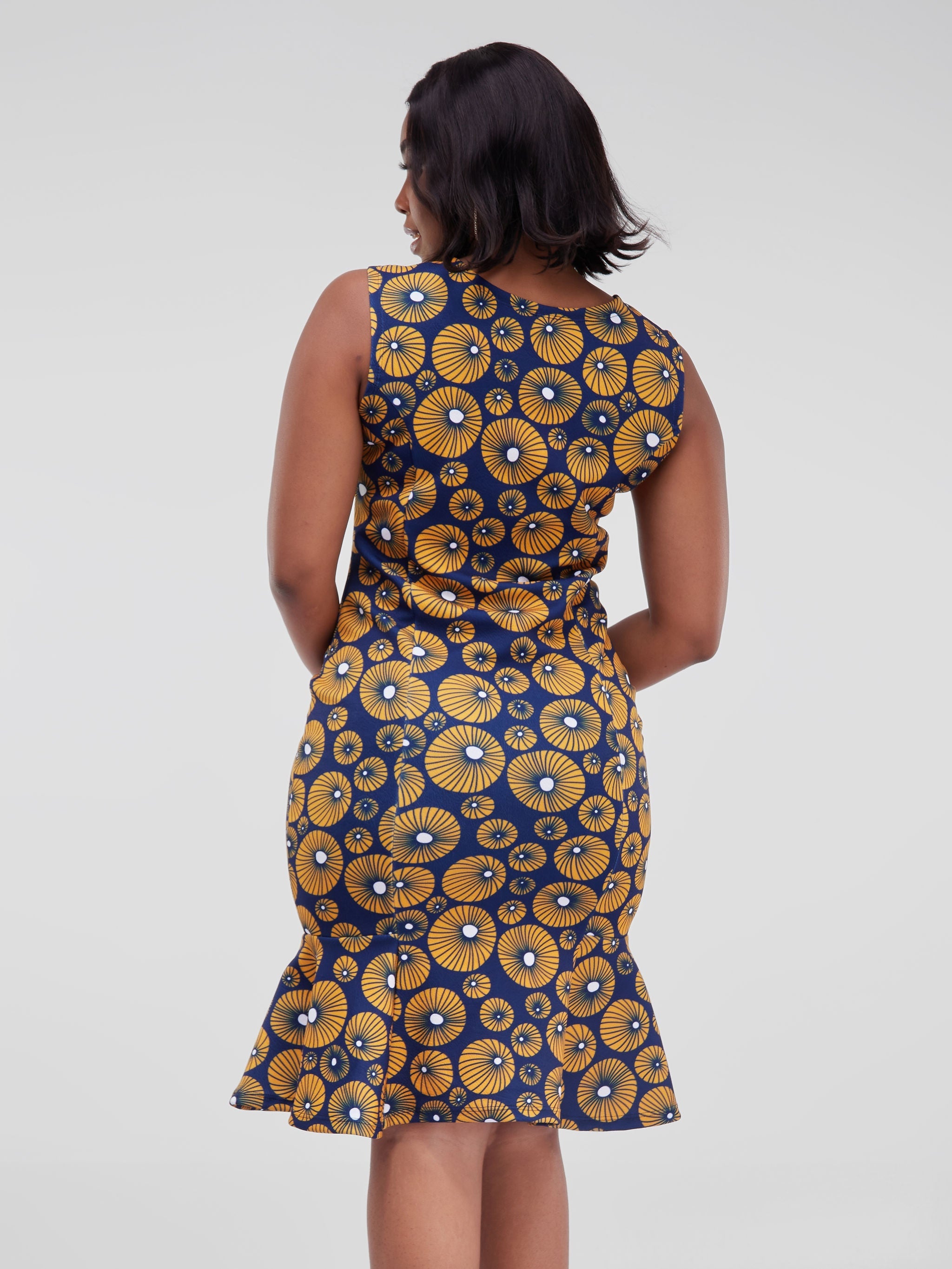 Vivo Hema Sleeveless Panelled Floune Sheath Dress - Navy Blue / Mustard Print