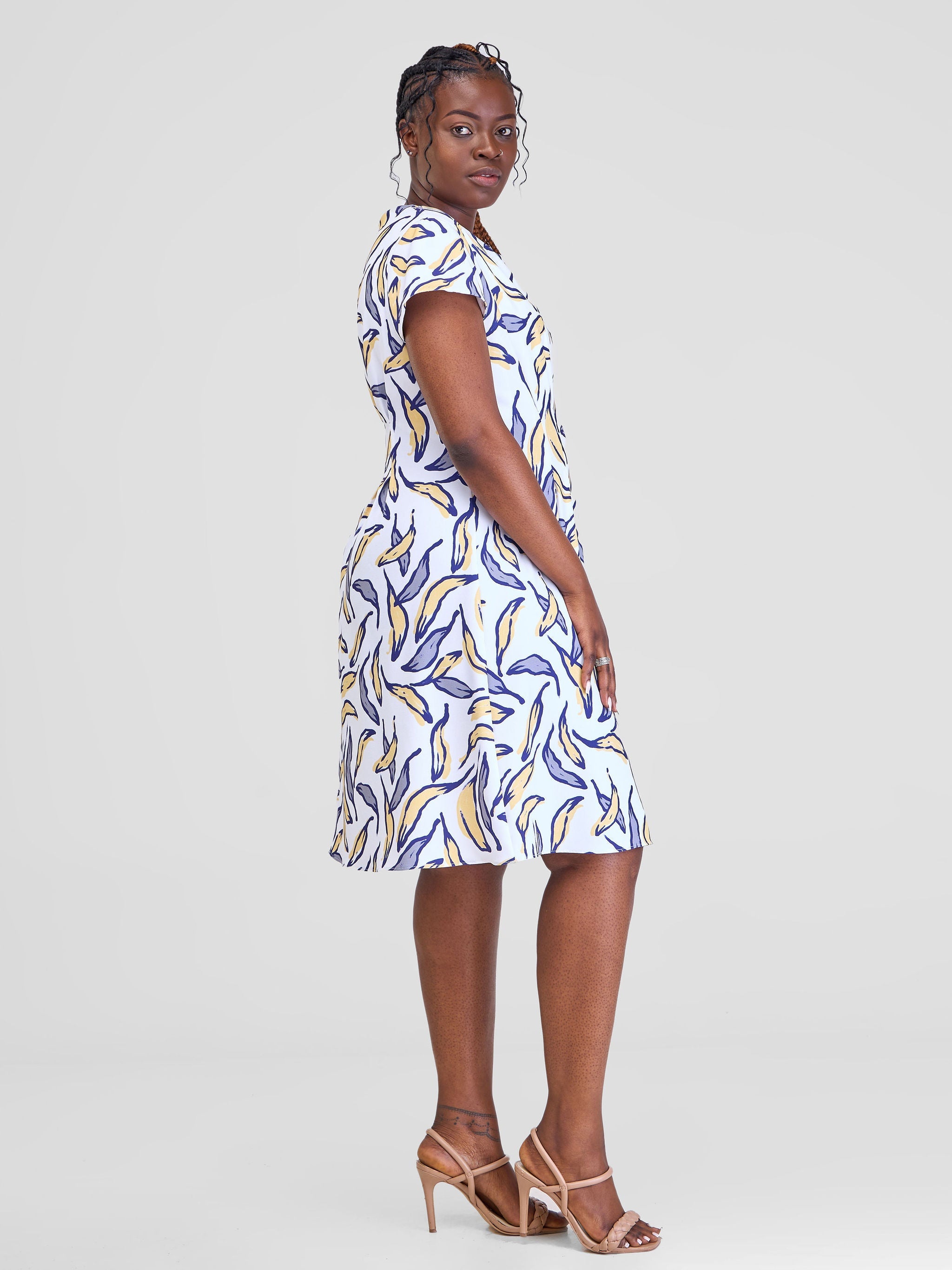 Vivo Ajani Pleated A-line Cap Sleeve Dress - White/Mustard Molo Print