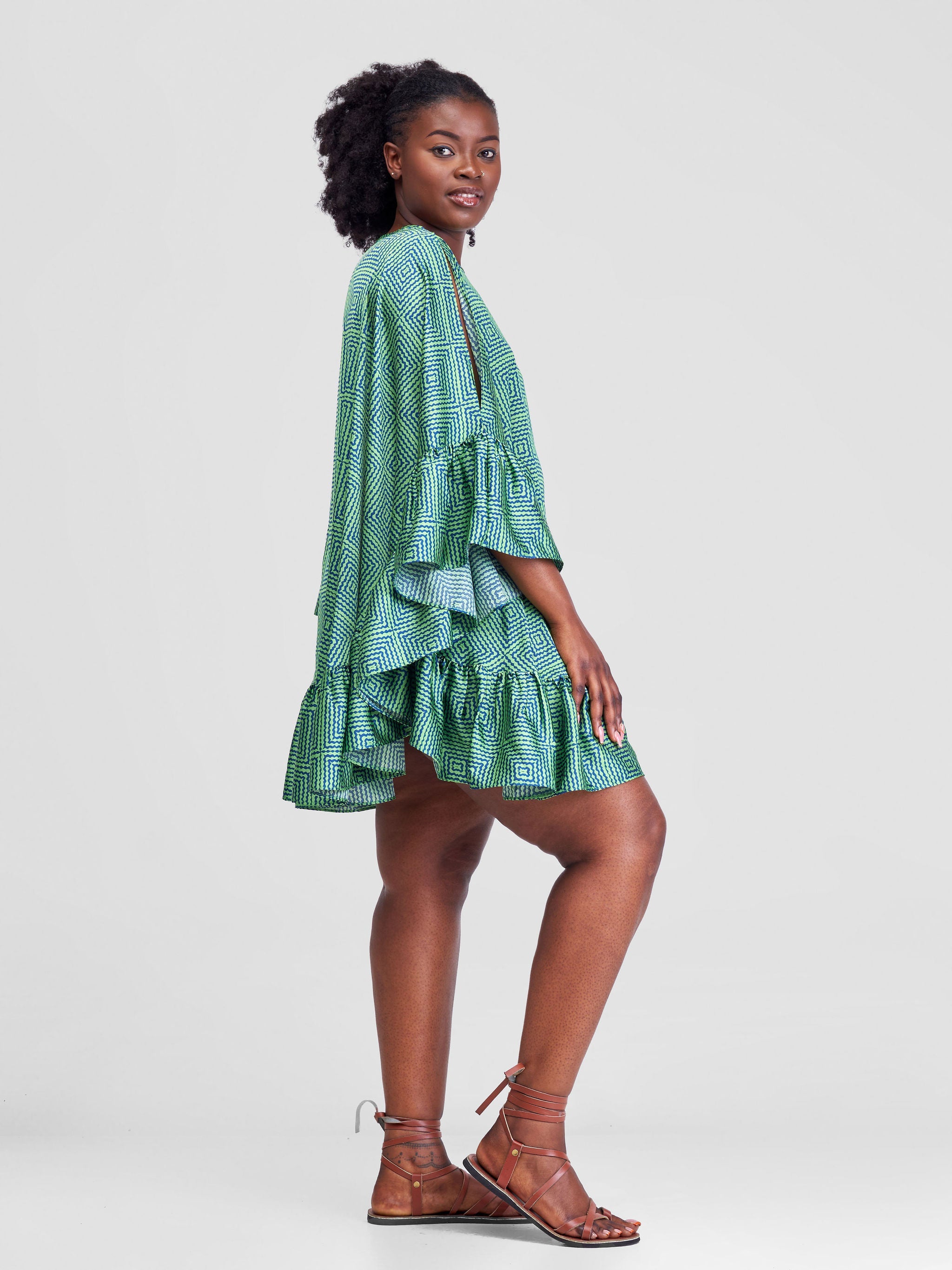Vivo Malindi Tunic Dress With Frills - Green / Blue Abstract Print