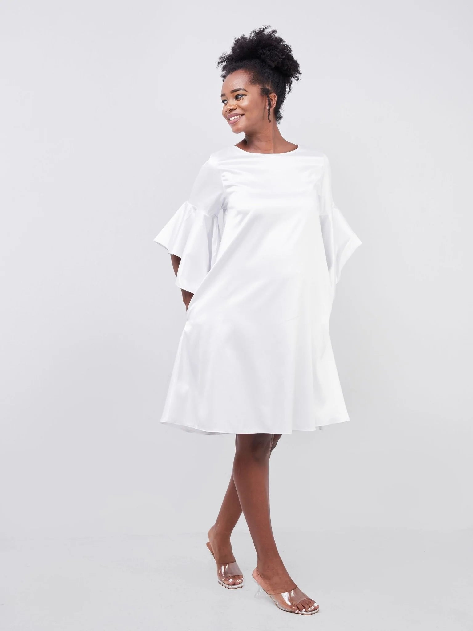 Vivo Adisa Flounce Sleeve Tent Knee Length Dress - White - Shop Zetu Kenya