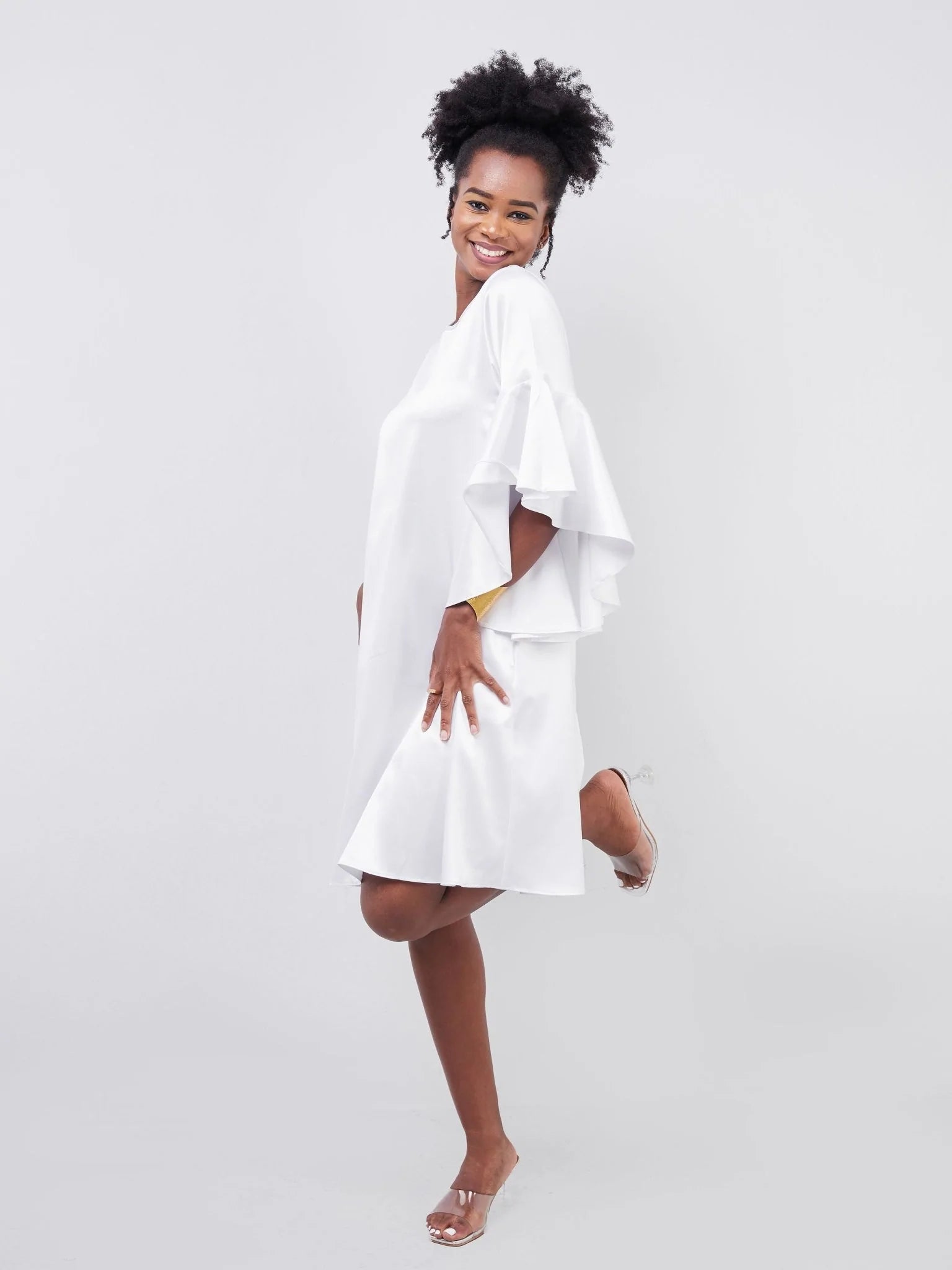 Vivo Adisa Flounce Sleeve Tent Knee Length Dress - White - Shop Zetu Kenya