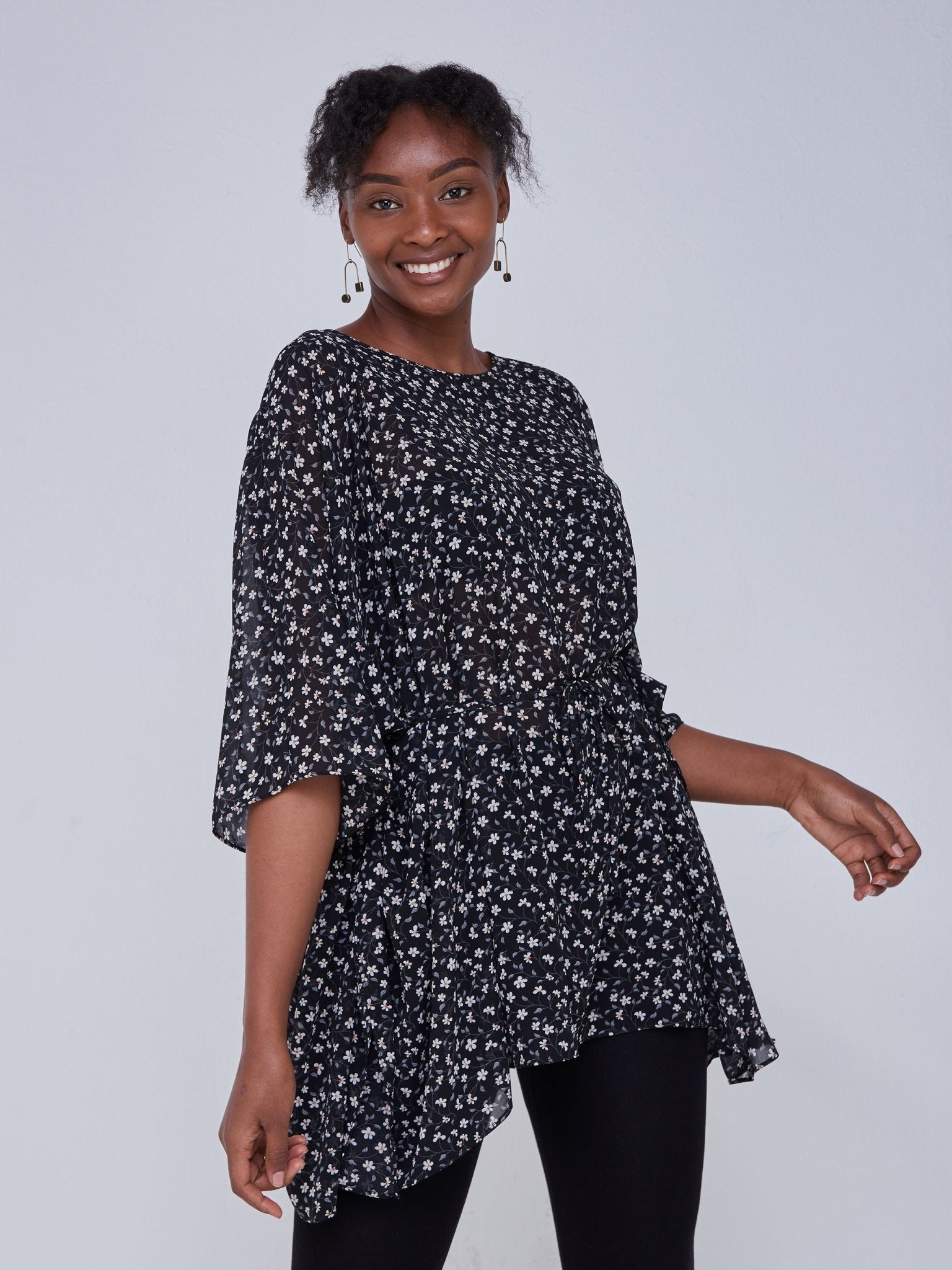 Vivo Basic Chiffon Tie Kaftan Top - Black / White Print - Shop Zetu Kenya