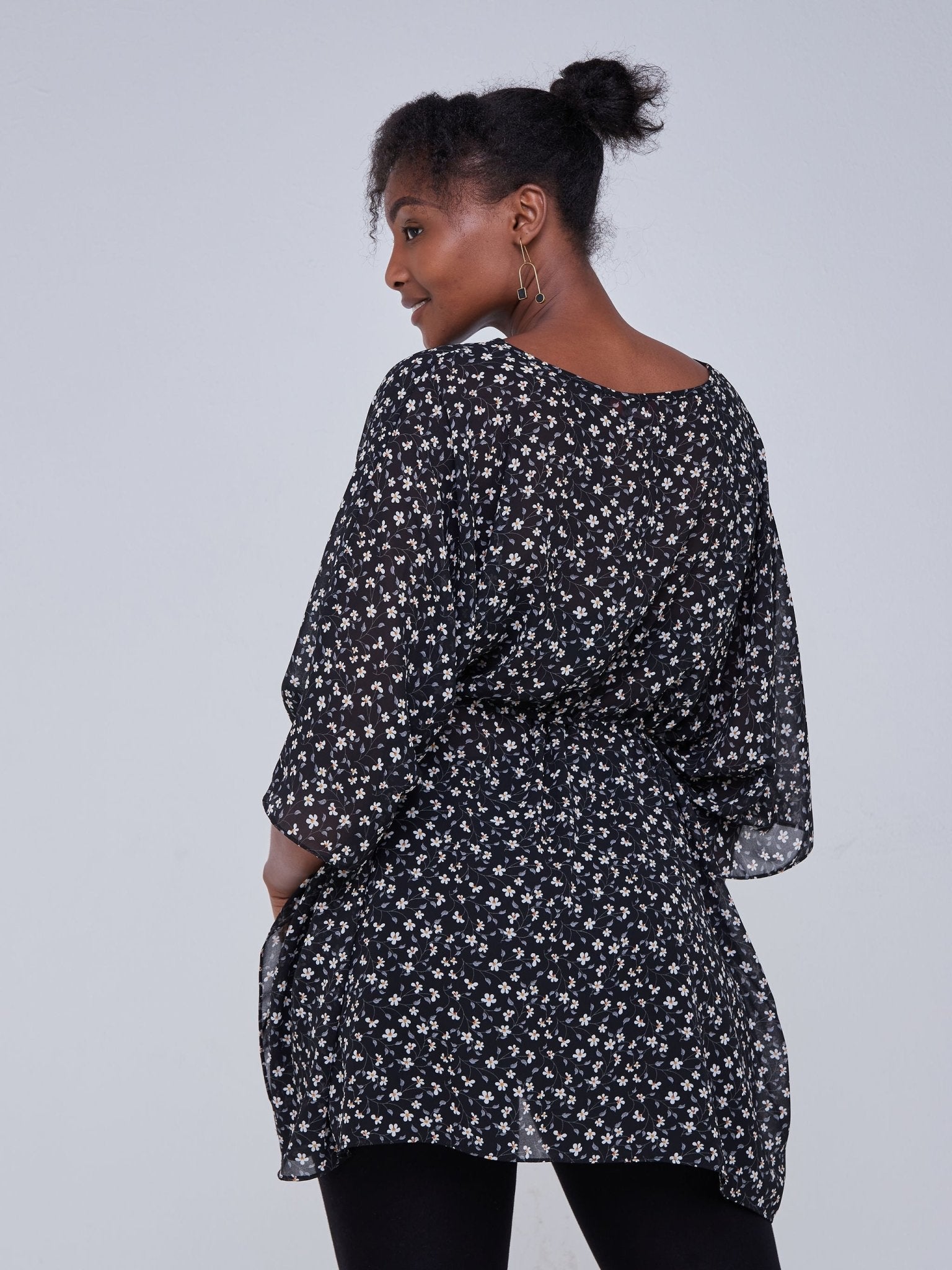 Vivo Basic Chiffon Tie Kaftan Top - Black / White Print - Shop Zetu Kenya