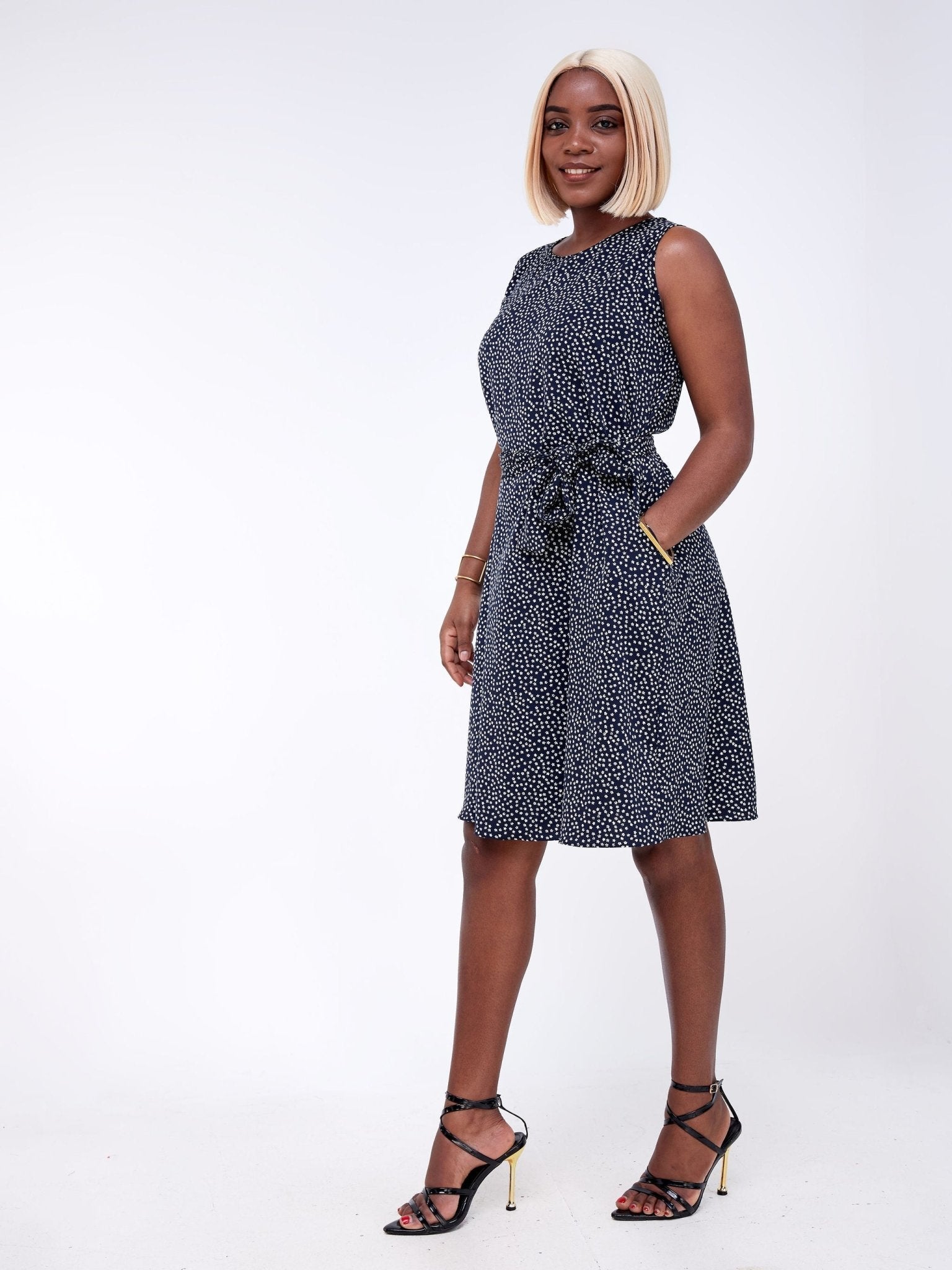 Vivo Basic Sleeveless Tent Dress - Navy Blue / White Floral Print - Shop Zetu Kenya