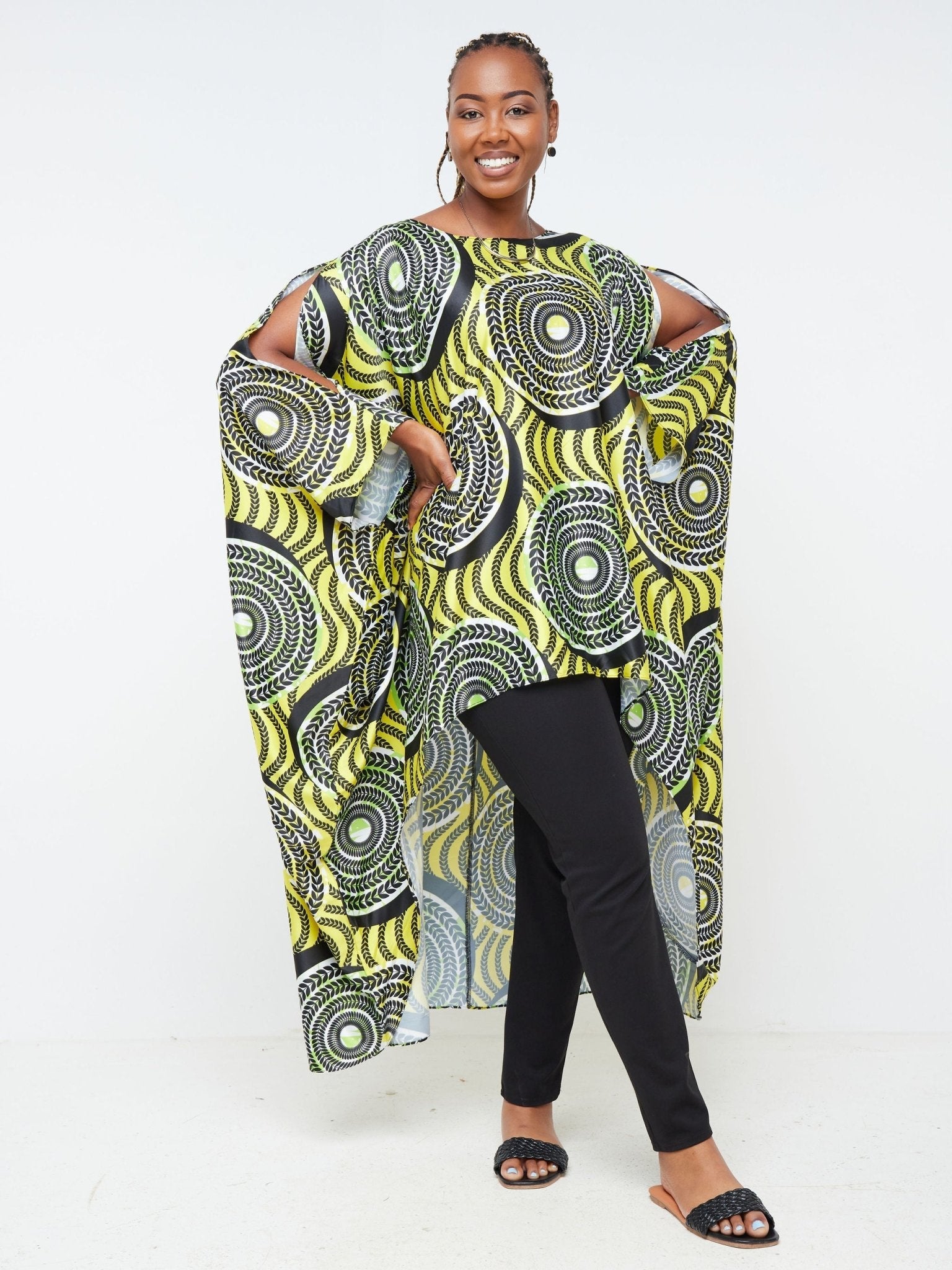 Vivo Lani Satin High-Low Dress - Yellow / Green Leaf Print - Shop Zetu Kenya