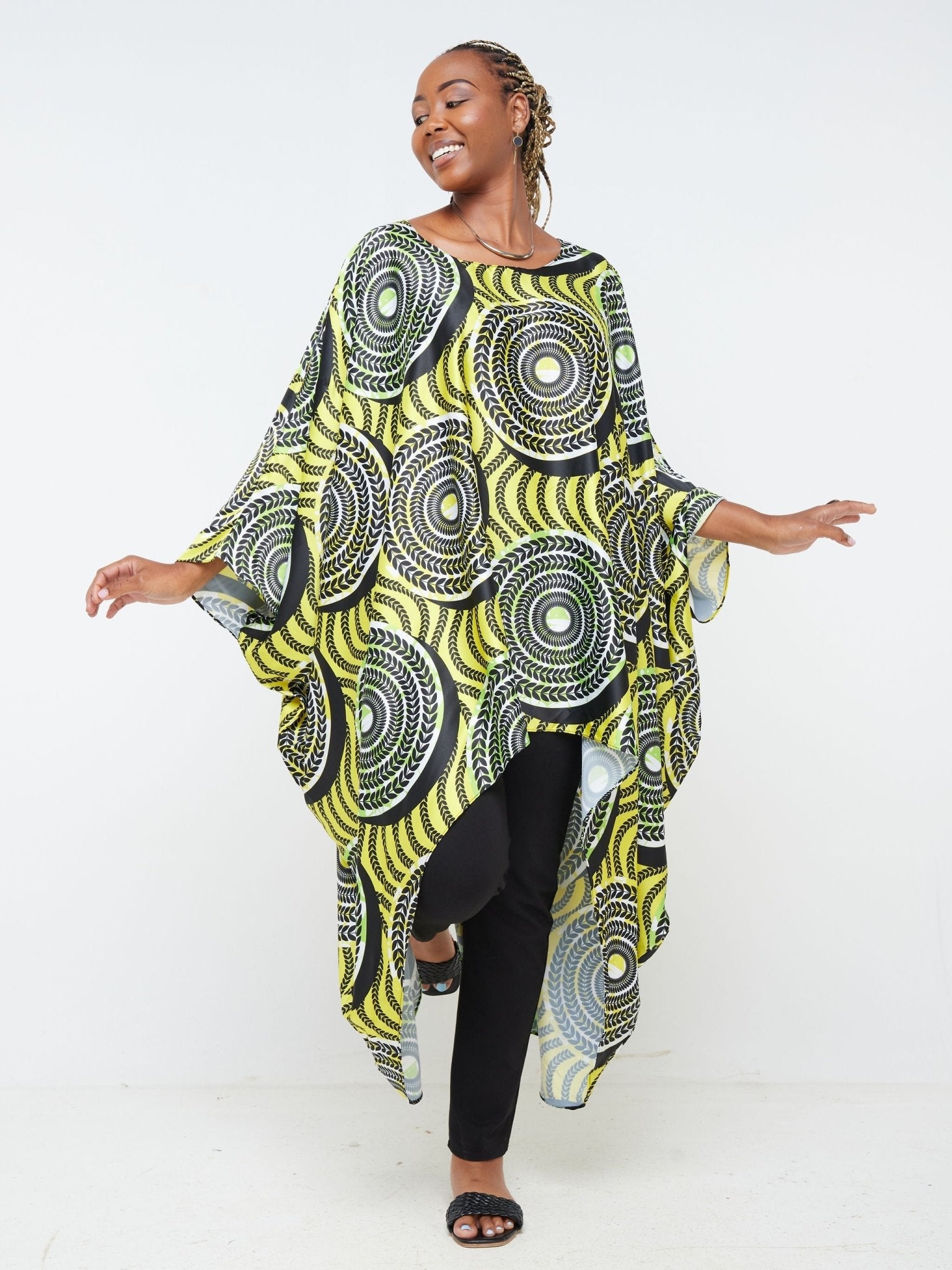 Vivo Lani Satin High-Low Dress - Yellow / Green Leaf Print - Shop Zetu Kenya