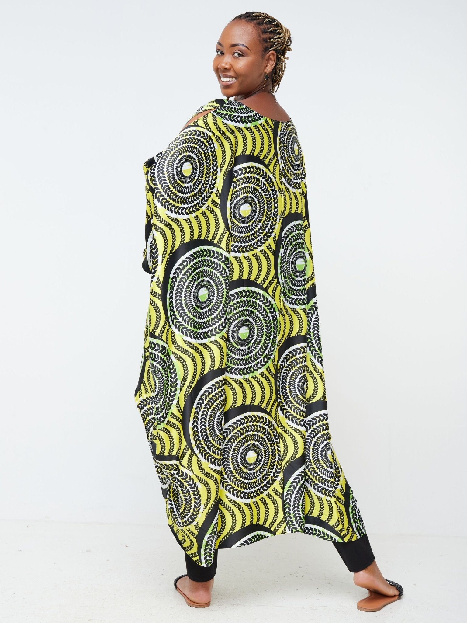 Vivo Lani Satin High-Low Dress - Yellow / Green Leaf Print - Shop Zetu Kenya