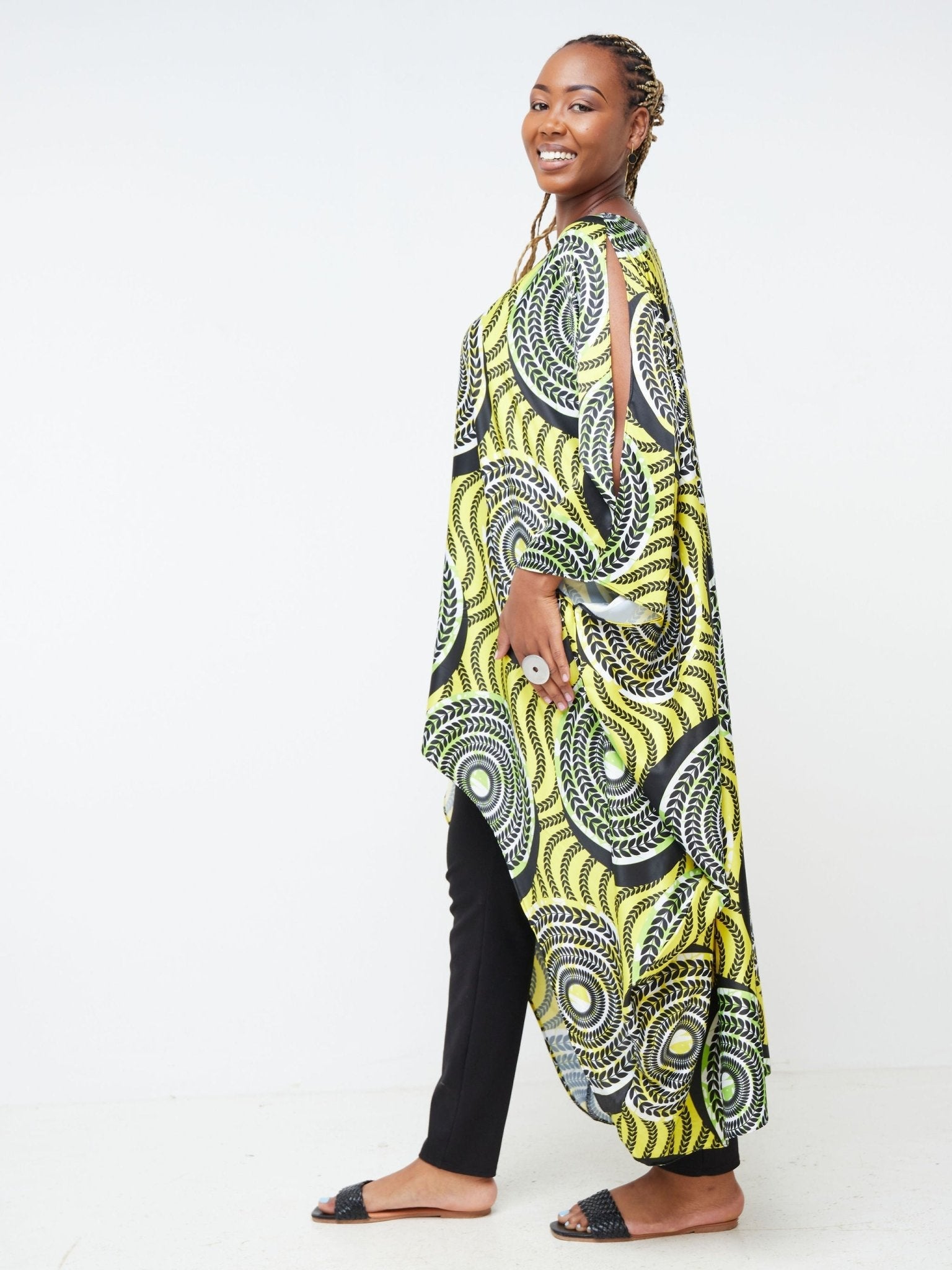 Vivo Lani Satin High-Low Dress - Yellow / Green Leaf Print - Shop Zetu Kenya