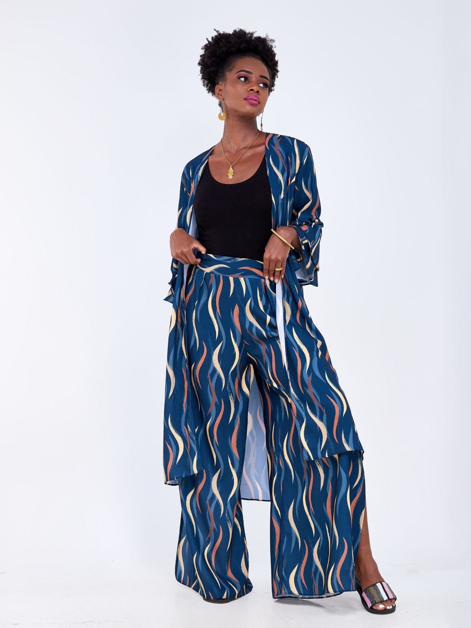 Vivo Luna Side Slit Pants - Teal / Brown Abstract Print - Shop Zetu Kenya