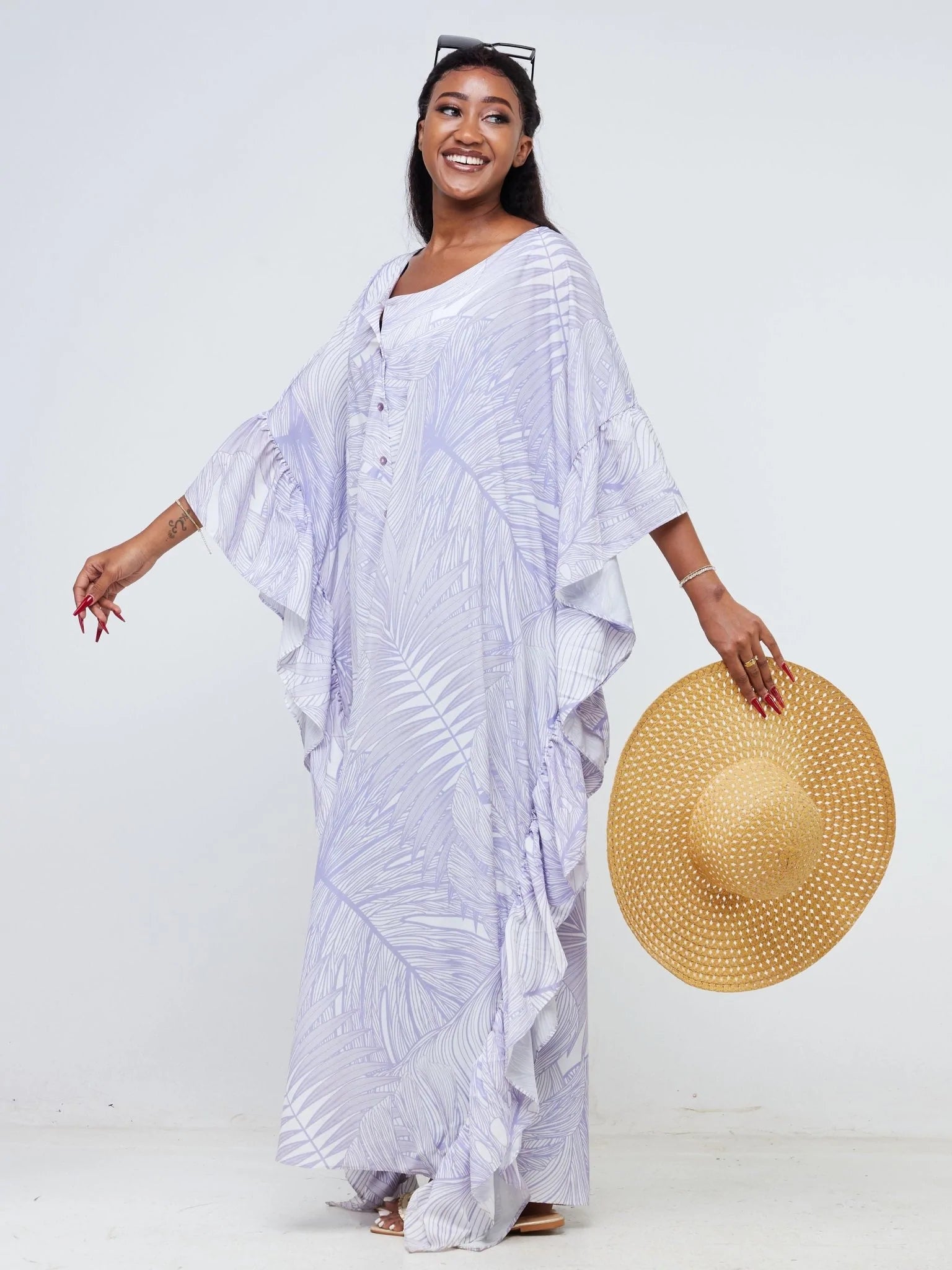 Vivo Malindi Buttoned Kaftan (JK) - White / Lilac Tropical Floral Print - Shop Zetu Kenya
