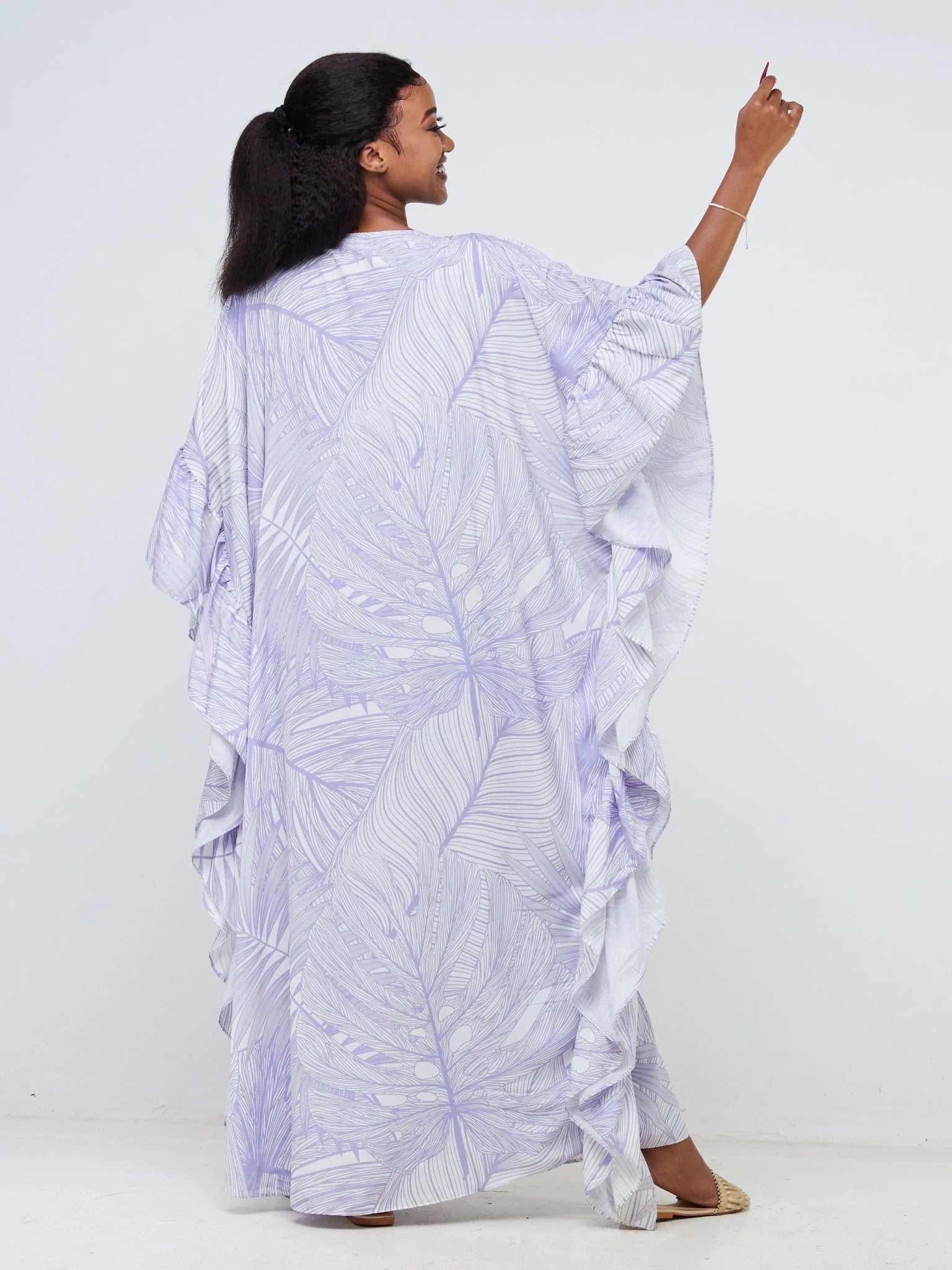 Vivo Malindi Buttoned Kaftan (JK) - White / Lilac Tropical Floral Print - Shop Zetu Kenya