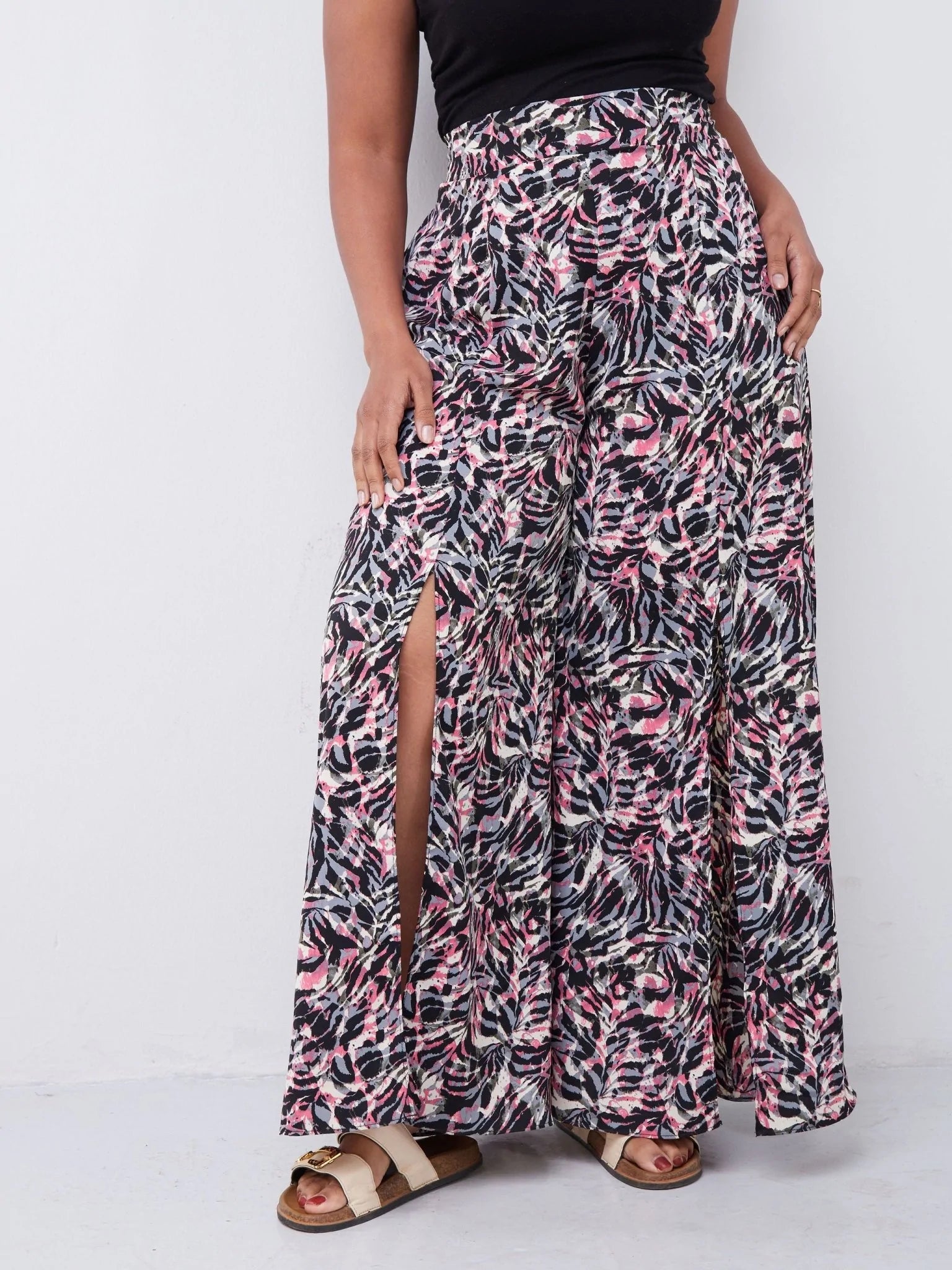 Vivo Malindi Front Slit Pants - Black / Pink Abstract Print - Shop Zetu Kenya