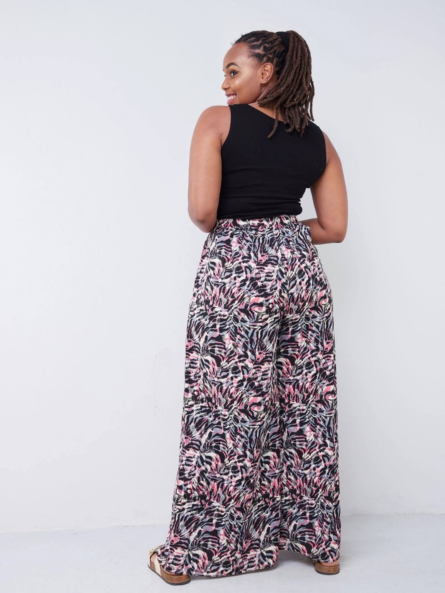 Vivo Malindi Front Slit Pants - Black / Pink Abstract Print - Shop Zetu Kenya