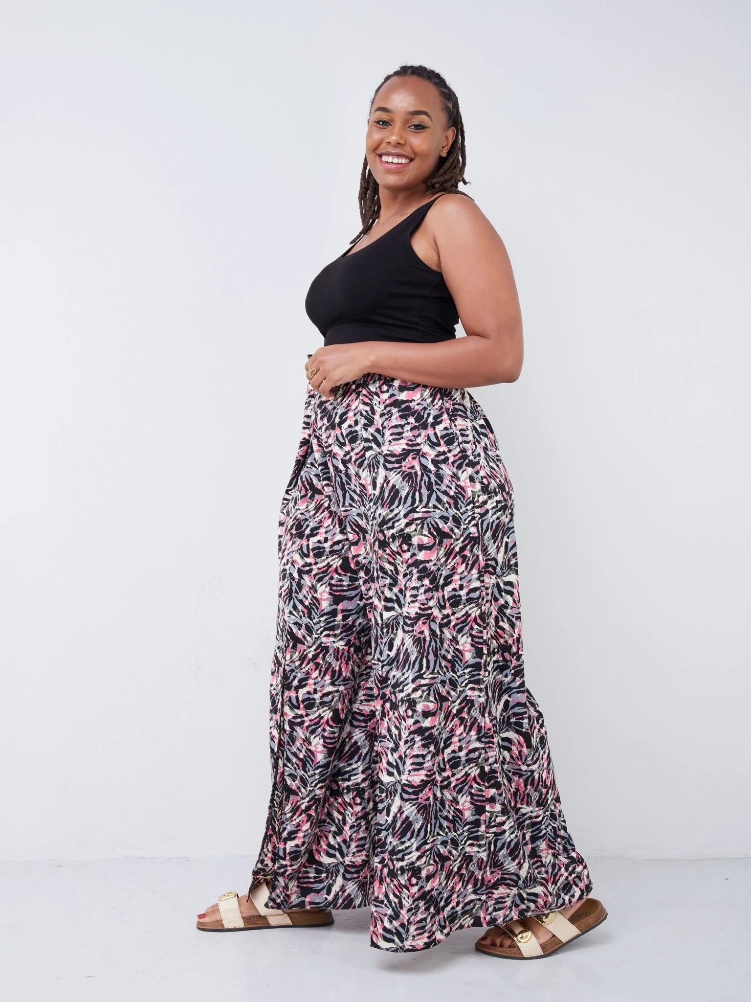 Vivo Malindi Front Slit Pants - Black / Pink Abstract Print - Shop Zetu Kenya