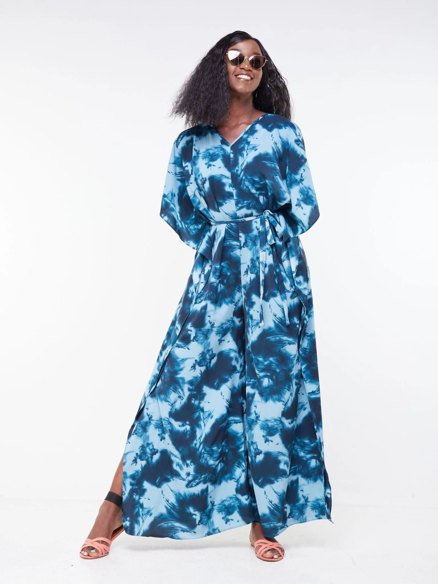 Vivo Malindi Jumpsuit Kaftan - Teal / Black Abstract Print - Shop Zetu Kenya