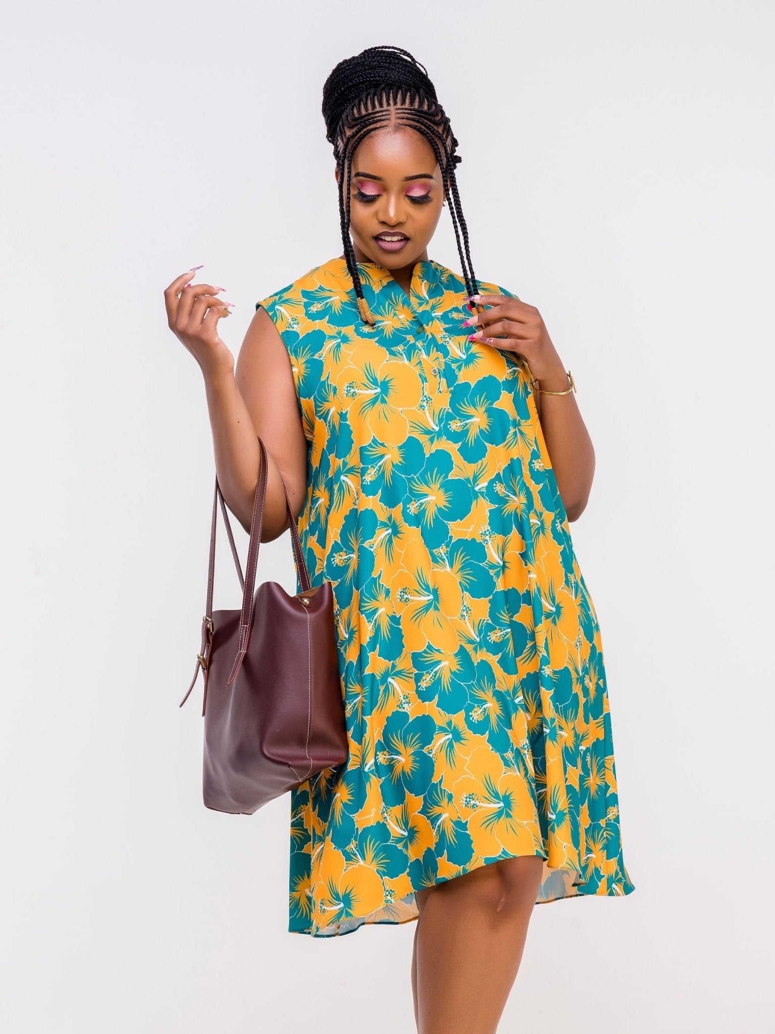 Vivo Zola V Neck Buttoned Knee Length Dress - Teal /Mustard Floral Print - Shop Zetu Kenya