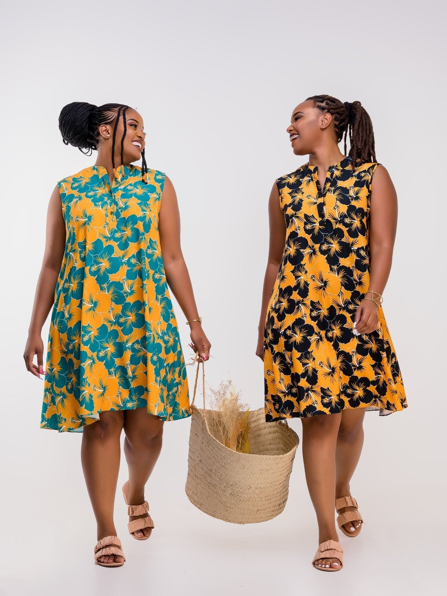 Vivo Zola V Neck Buttoned Knee Length Dress - Teal /Mustard Floral Print - Shop Zetu Kenya