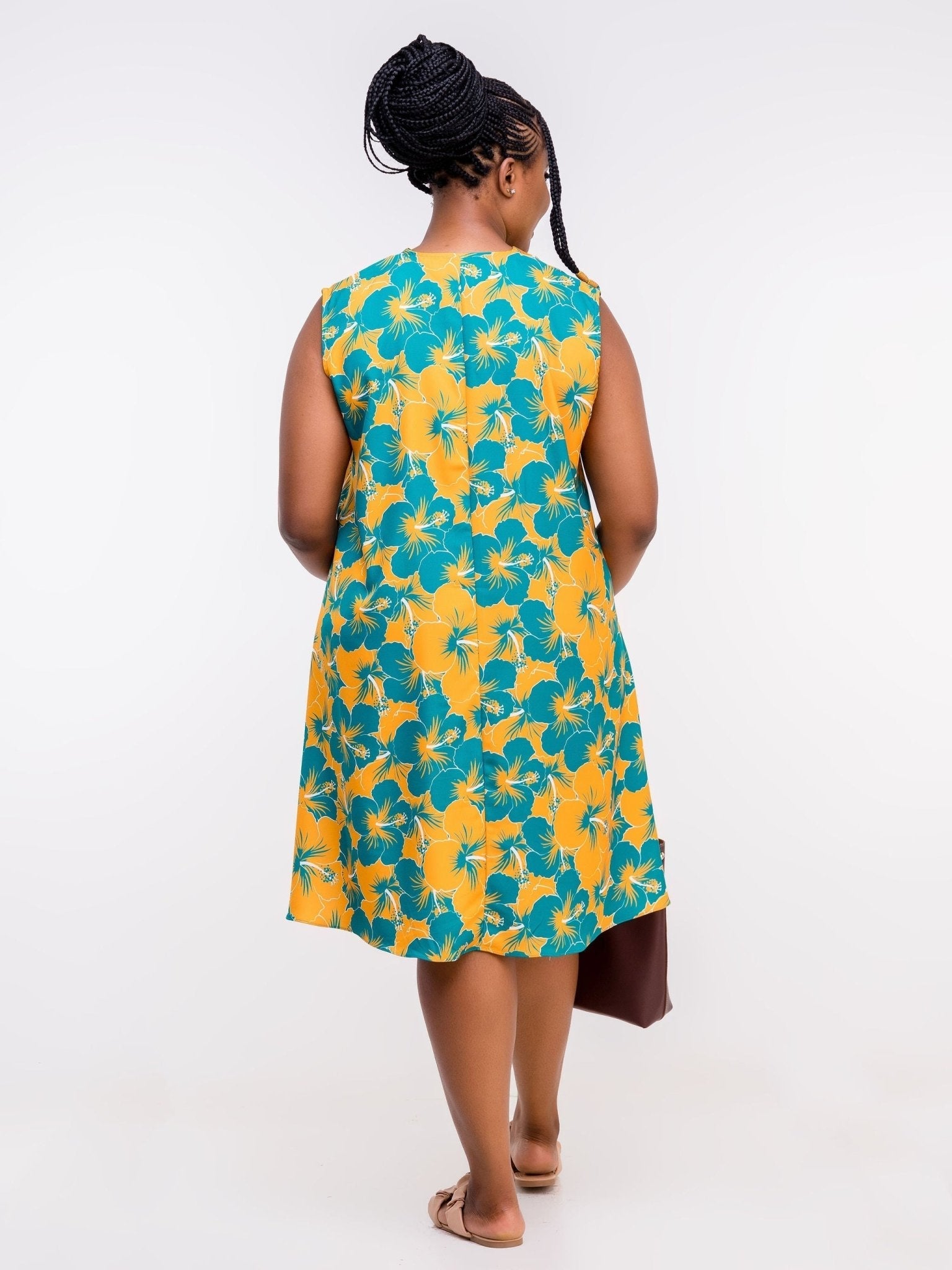 Vivo Zola V Neck Buttoned Knee Length Dress - Teal /Mustard Floral Print - Shop Zetu Kenya