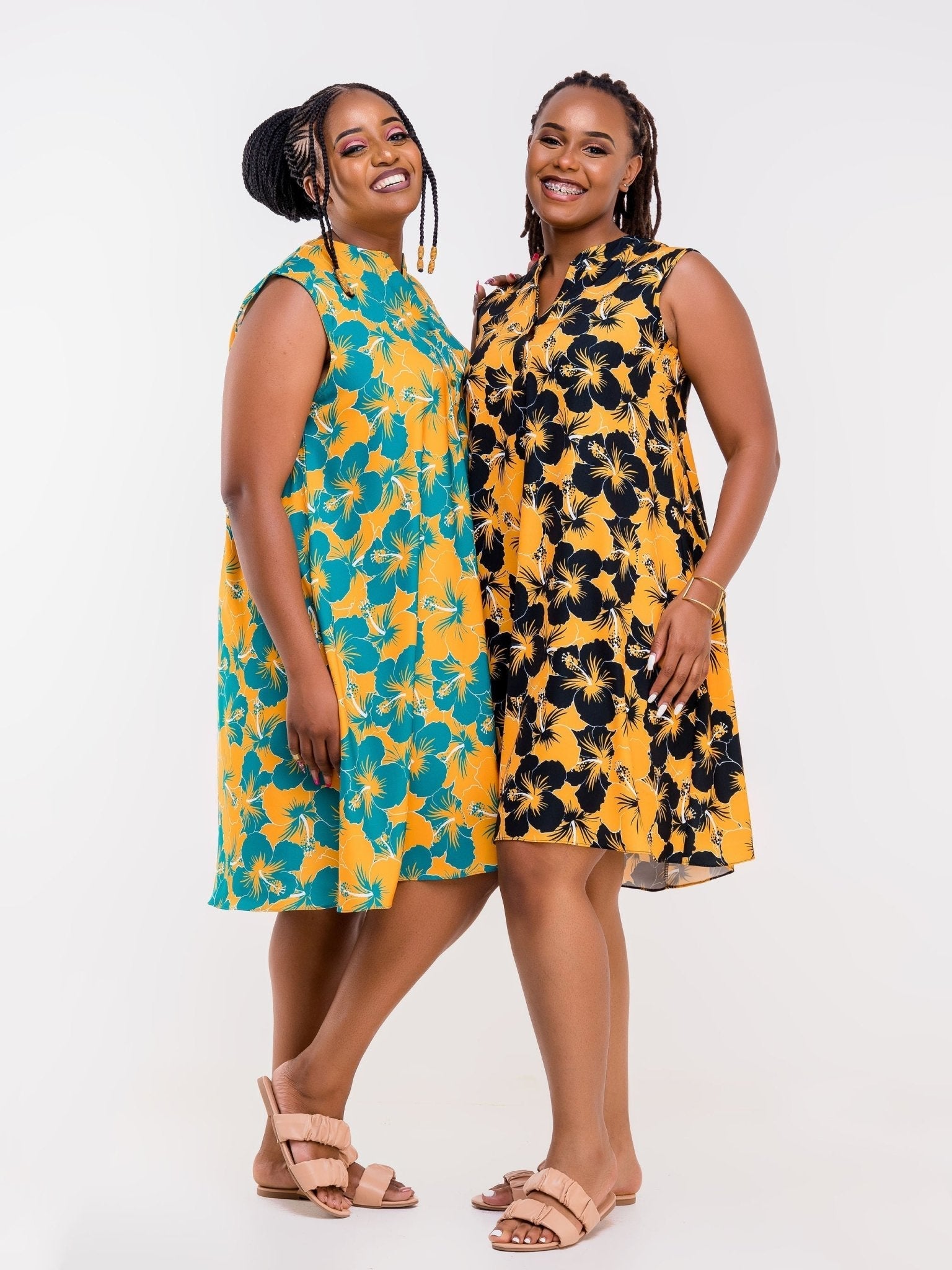 Vivo Zola V Neck Buttoned Knee Length Dress - Teal /Mustard Floral Print - Shop Zetu Kenya