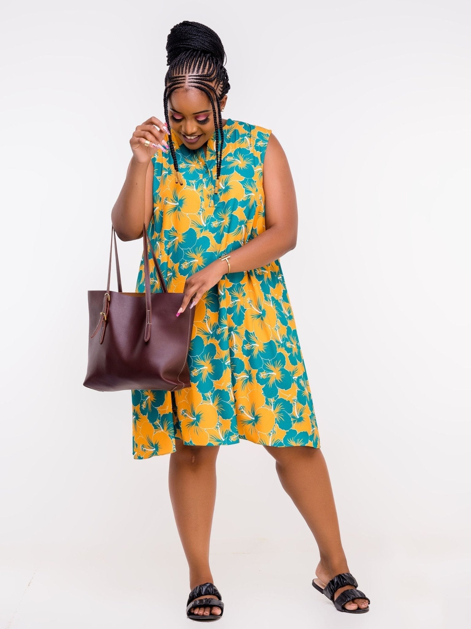 Vivo Zola V Neck Buttoned Knee Length Dress - Teal /Mustard Floral Print - Shop Zetu Kenya